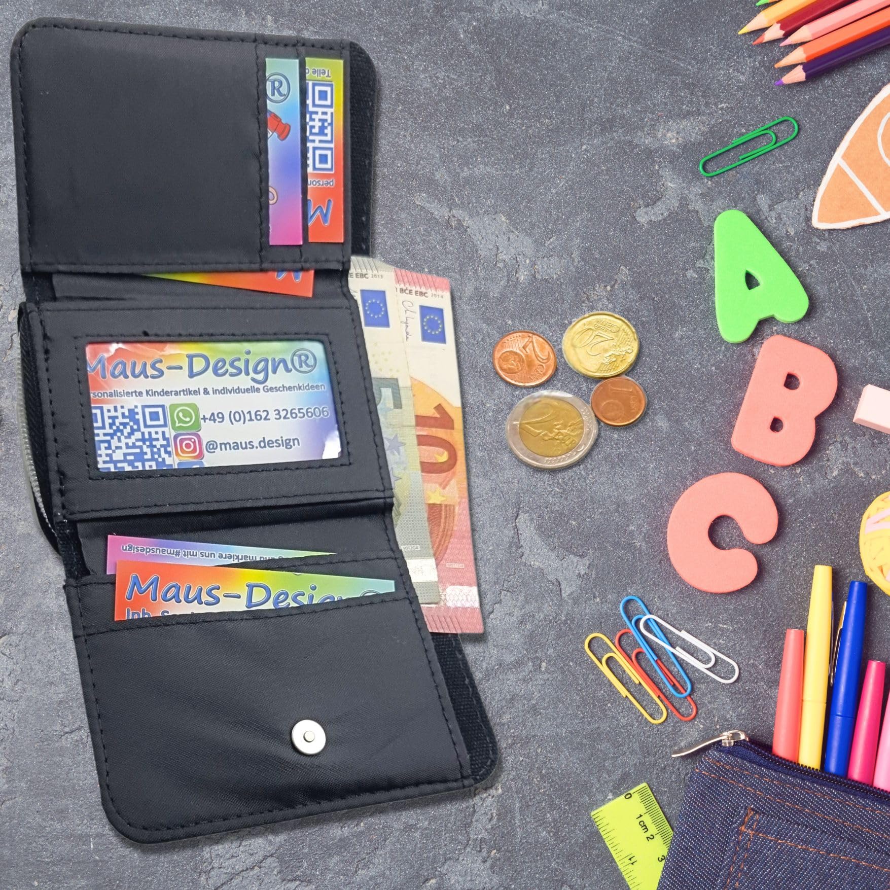 Geldbörse Pinguin personalisiert für Kinder/Teenager | Mit Name, Jeans oder Schwarz, Schriftart für Namen wählbar
