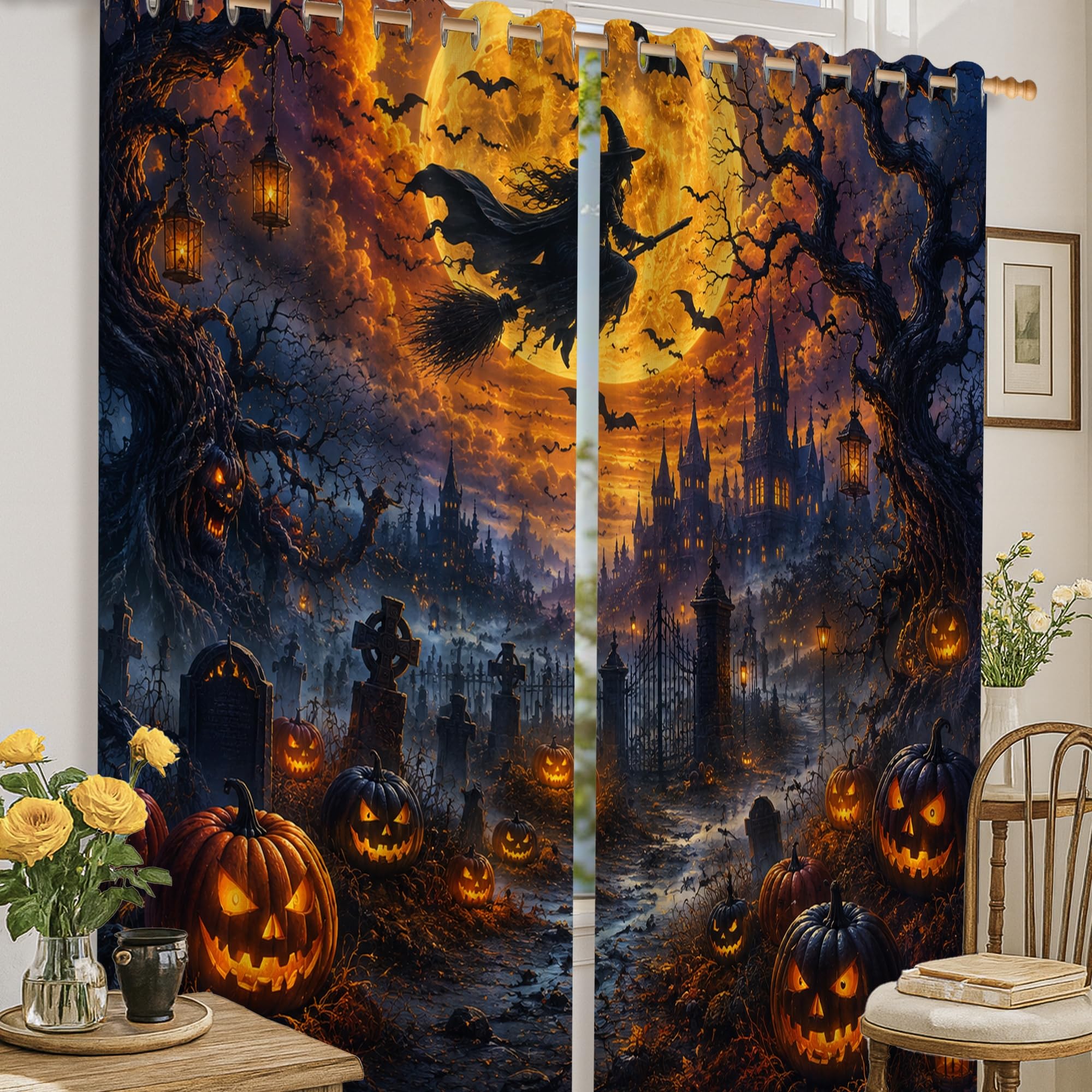 Rideaux occultants gothiques Halloween citrouilles orange 132x160 cm