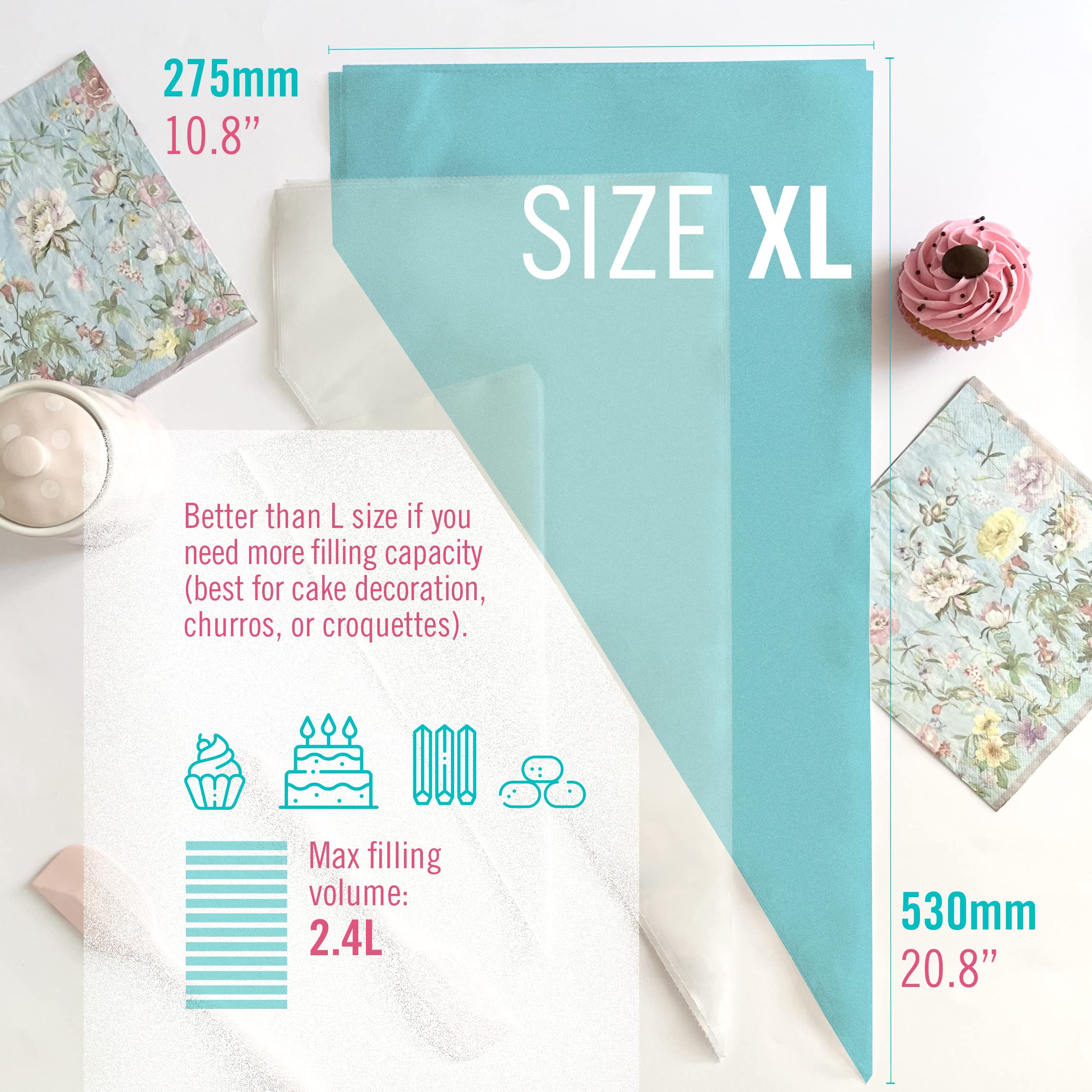 100 szt. profesjonalnych jednorazowych worków do wyciskania (rozmiary: 30 cm, 45 cm i 53 cm) - w 100% nadające się do recyklingu - bardzo gruba warstwa (0,08 mm)