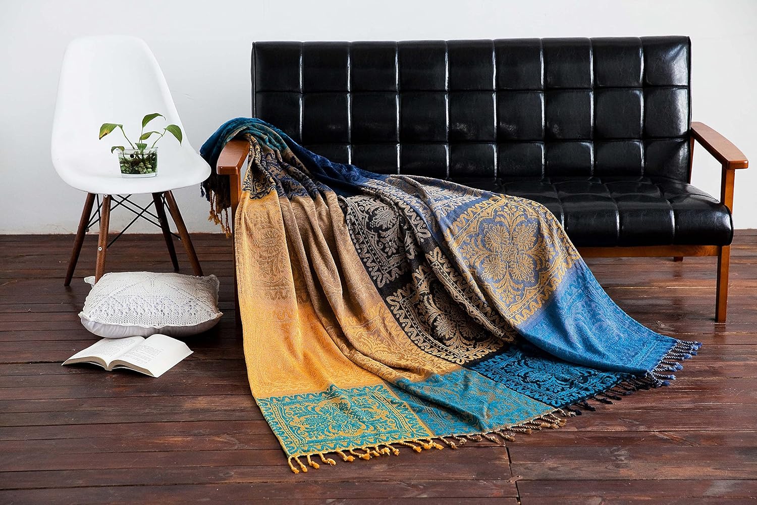 Boho Throw Blanket 60x75 - Aztec Tribal Chenille Blanket for Couch Bed - Soft Decorative Bohemian Blanket with Fringe Tassels - Lightweight for Home, Camping, Gift Blue/Yellow