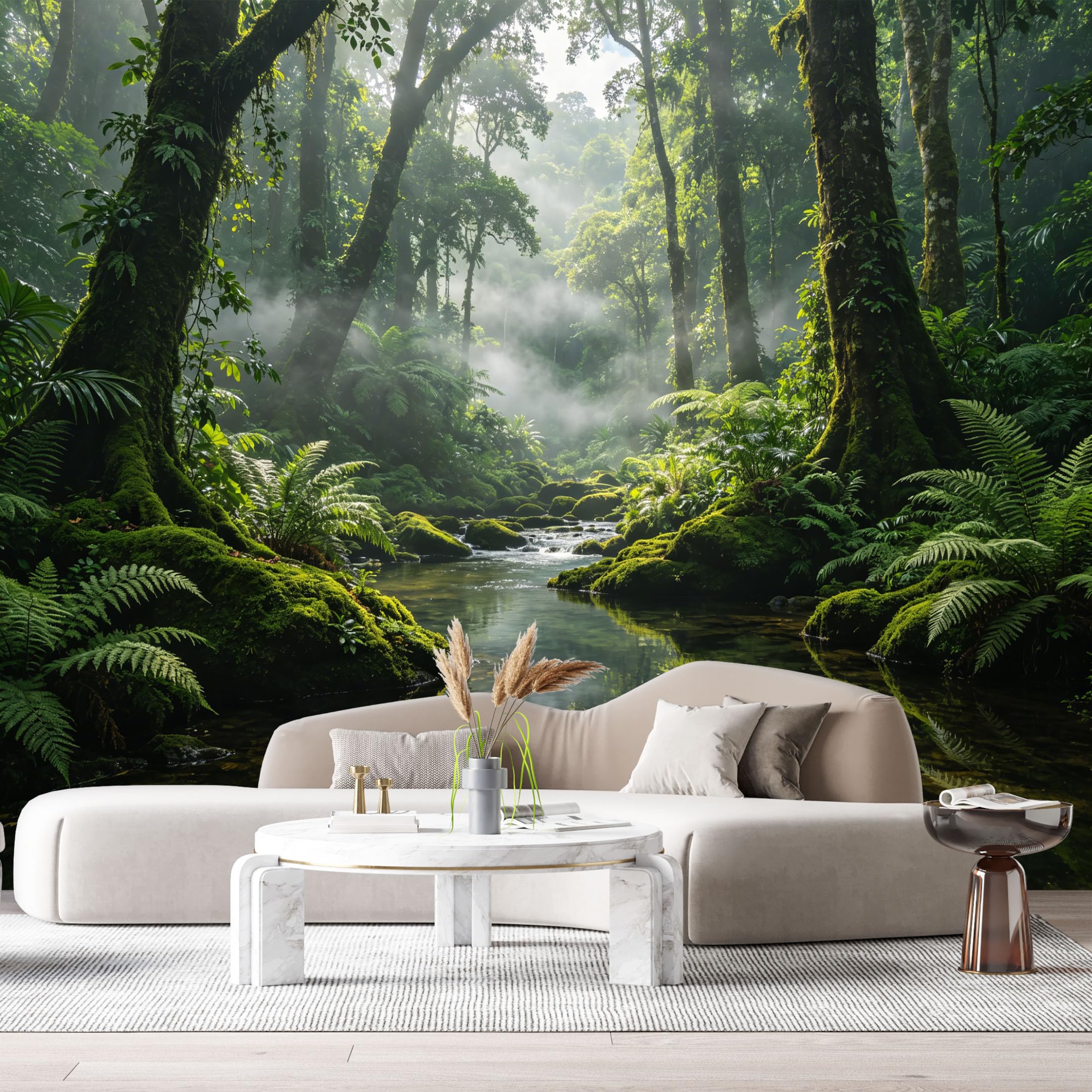 Custom Size Wall Murals Misty Forest Tropical Landscape Botanical Ferns River SelfAdhesive Wall Fabric Removable Large Wallpaper for Photo Living Room