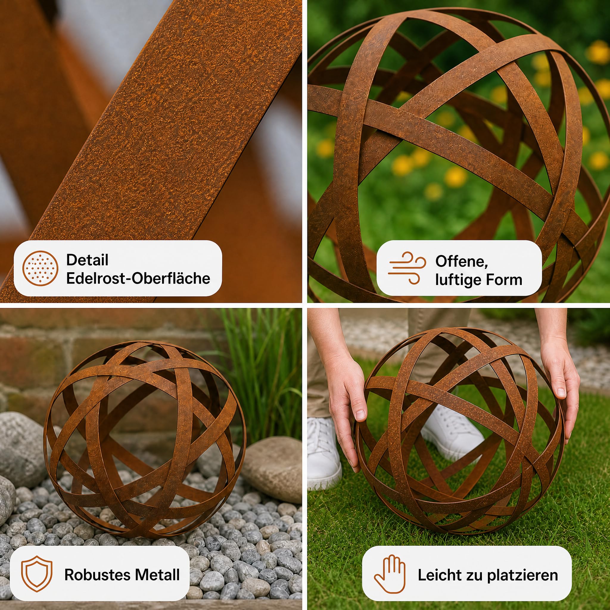 Rostdeko Boule (L) en métal, décoration de jardin boule rouille noble 50 x 50 x 50 cm pour un aménagement créatif en extérieur, résistante aux intempéries et robuste