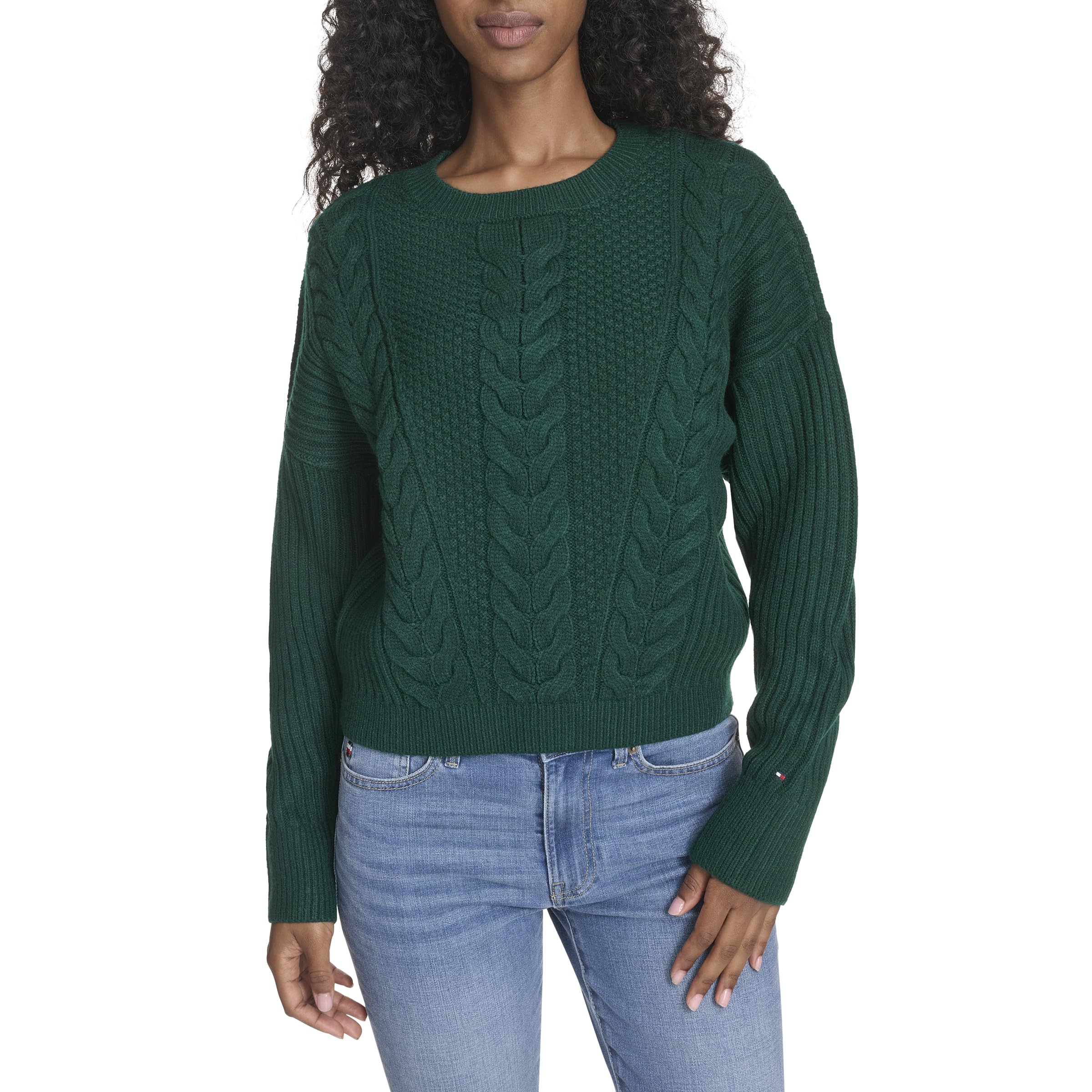 Tommy Hilfiger Women's Solid Crewneck Casual Sweater, Forest, L