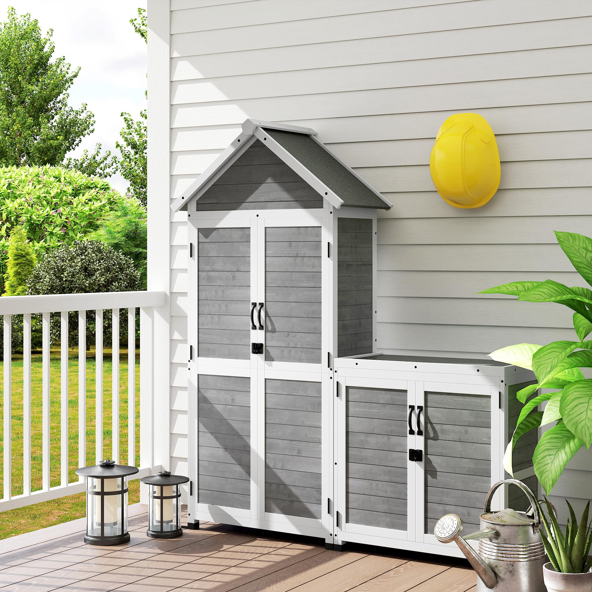 Outsunny Abri de Jardin + Armoire de Rangement en Bois, cabane de Jardin extérieur intérieur avec Toit incliné en Asphalte, étagères et Portes verrouillables, Armoire à Outils pour Balcon, Gris