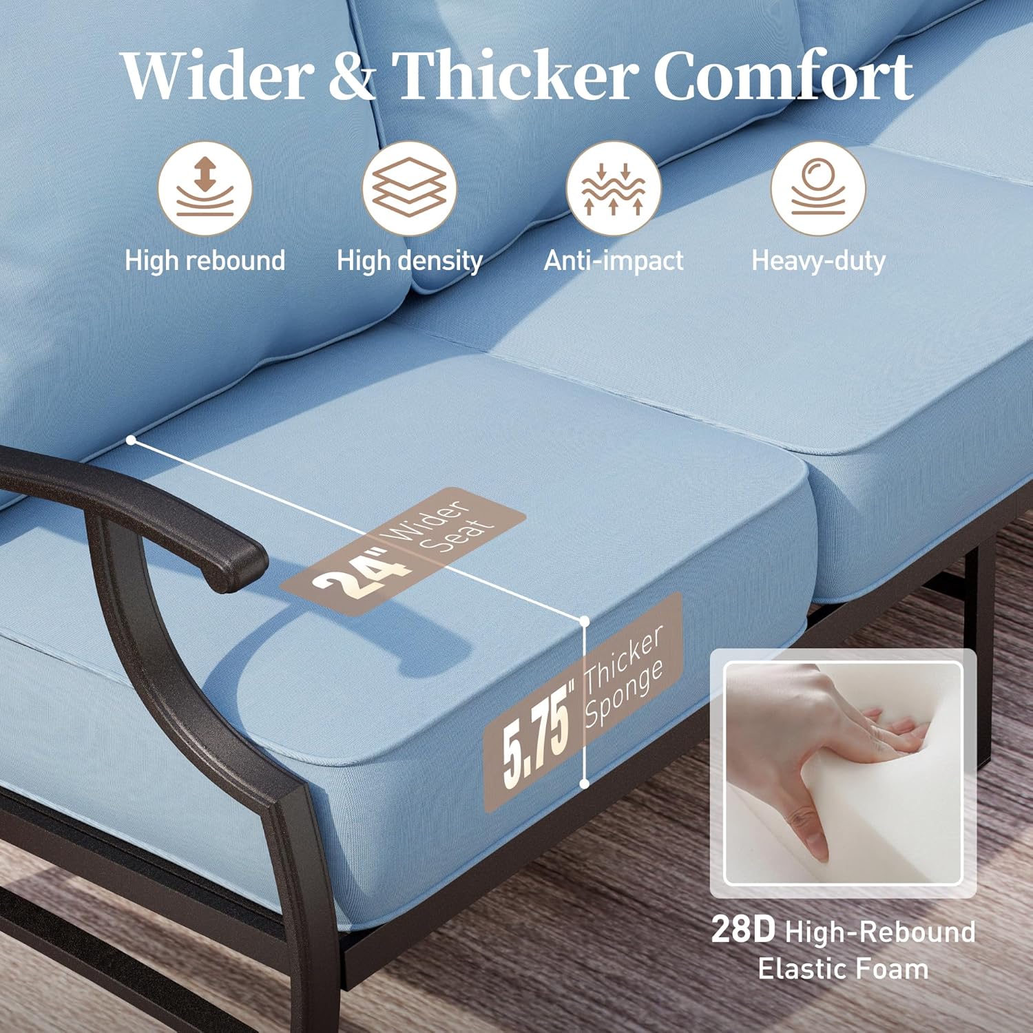 SUNSHINE VALLEY Metal Patio Furniture Sofa with 5.75" Extra Thick Waterproof Cushion, 3-Seater Deep Seating & High-Back Outdoor Couch All Weather Outdoor Seating for Backyard Deck Front Porch, Blue