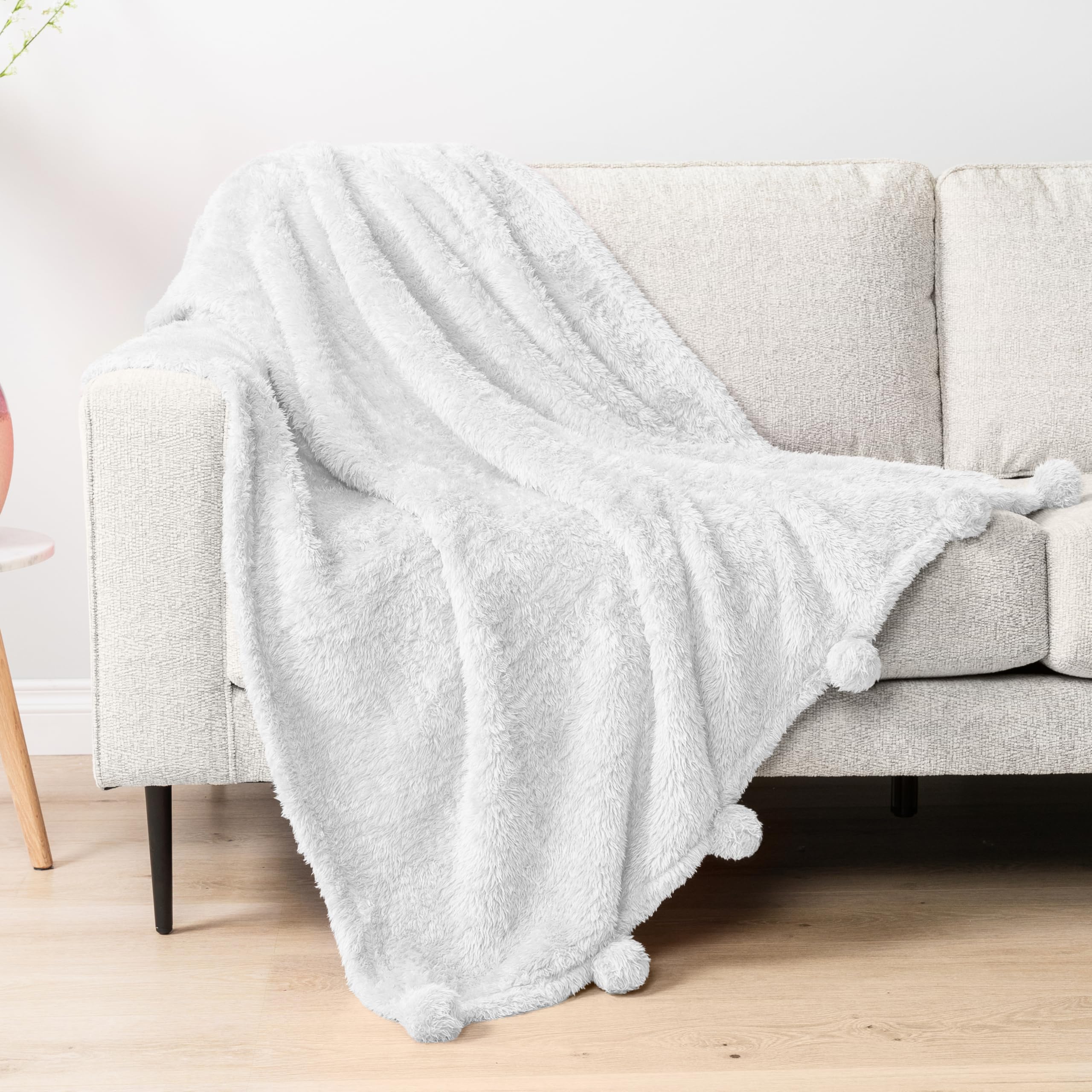 Pavilia Men's White Sherpa Throw Blanket For Couch - Warm Plush With Pom Poms, Lightweight Soft Cozy Fluffy Sofa Throw, 50X60