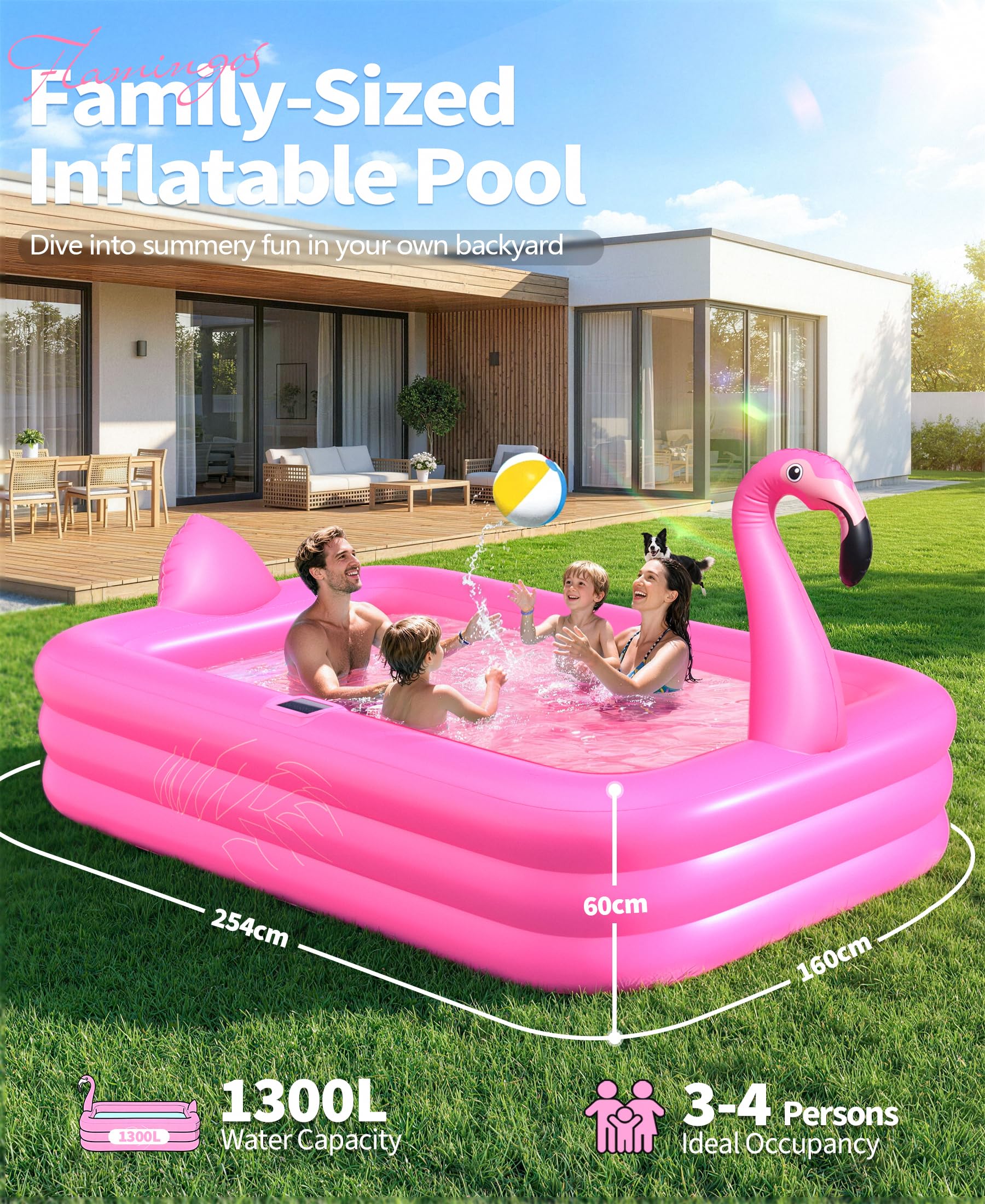 PoolLeader Piscina Hinchable Adultos, Flamenco Piscina Hinchable Rectangular con Luces Solar, Adopta un Material de PVC Grueso & Duradero, 254x160x50cm Piscinas Inflable Familiar Grande para Jardin