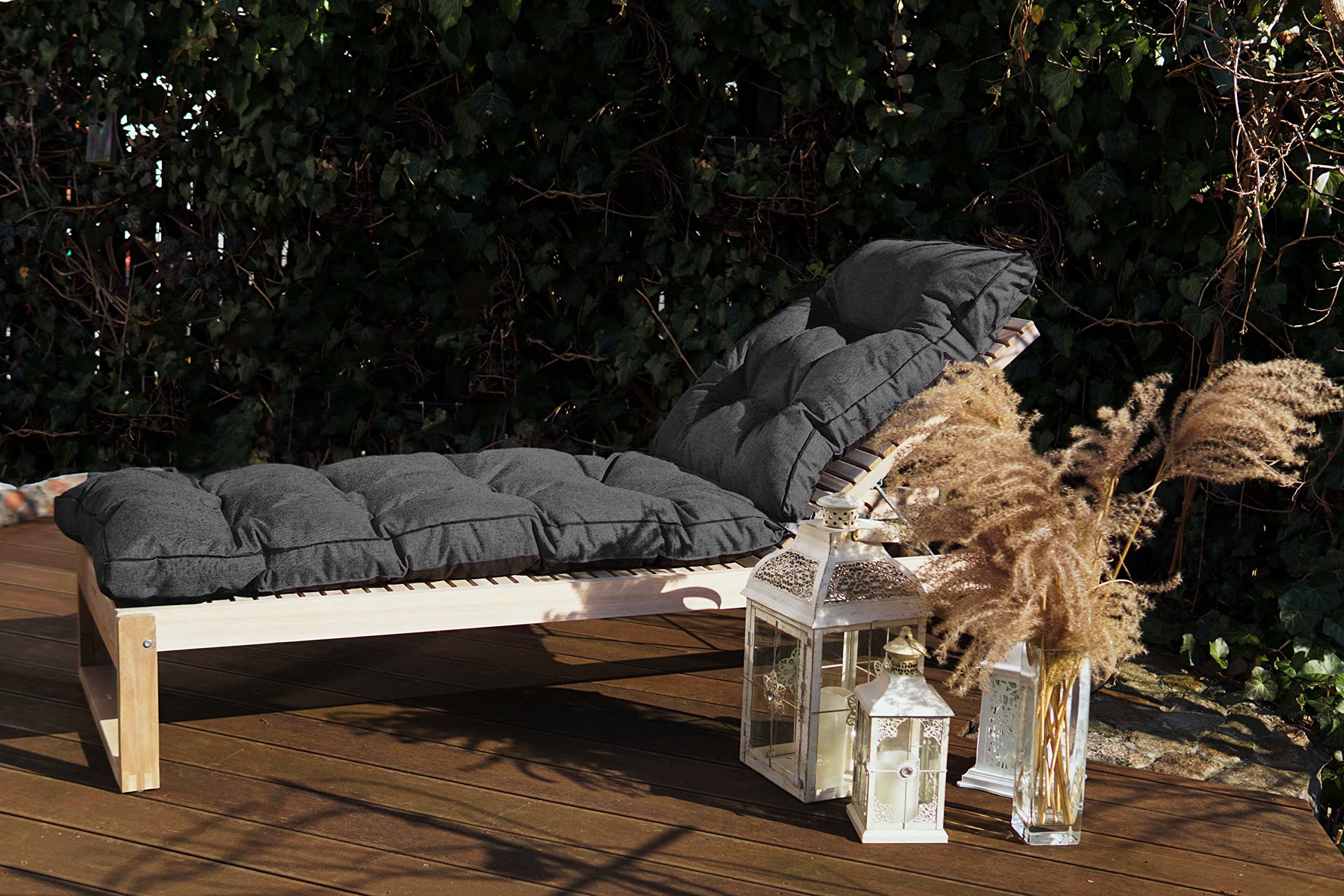 Stepp Auflage Gartenliege – wetterfeste Sonnenliege Auflage für Deckchair Holz, wasserabweisendes Gartenliegen Polster mit Oeko-TEX-Zertifikat und Befestigung –(Dunkelgrau)