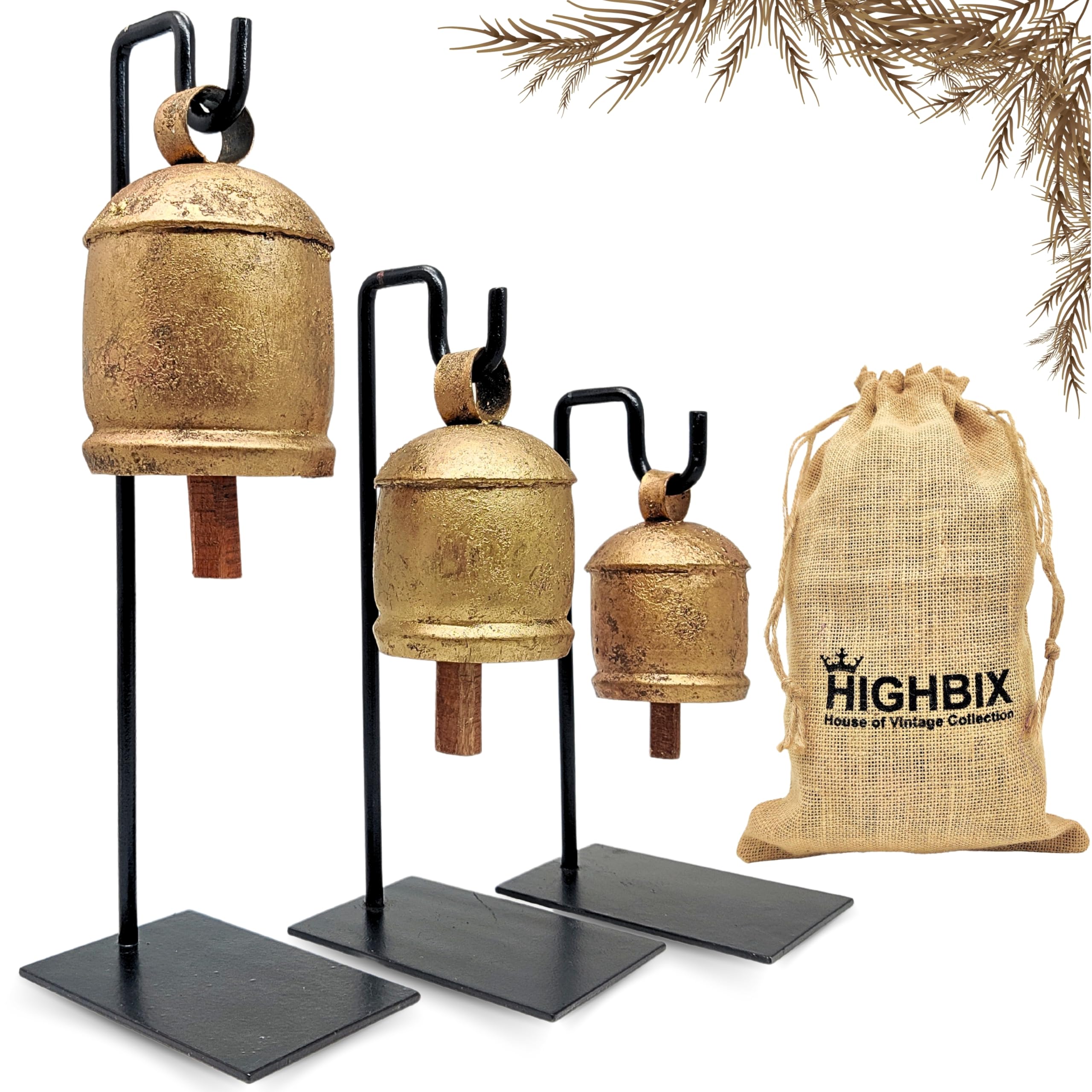 HIGHBIX Vintage-Style Rustic Handmade Christmas Jingle Cowbells with Metal Stand Set of 3 Farmhouse Holiday Decor, Perfect for Christmas Decorations, Gift, and Home Accents