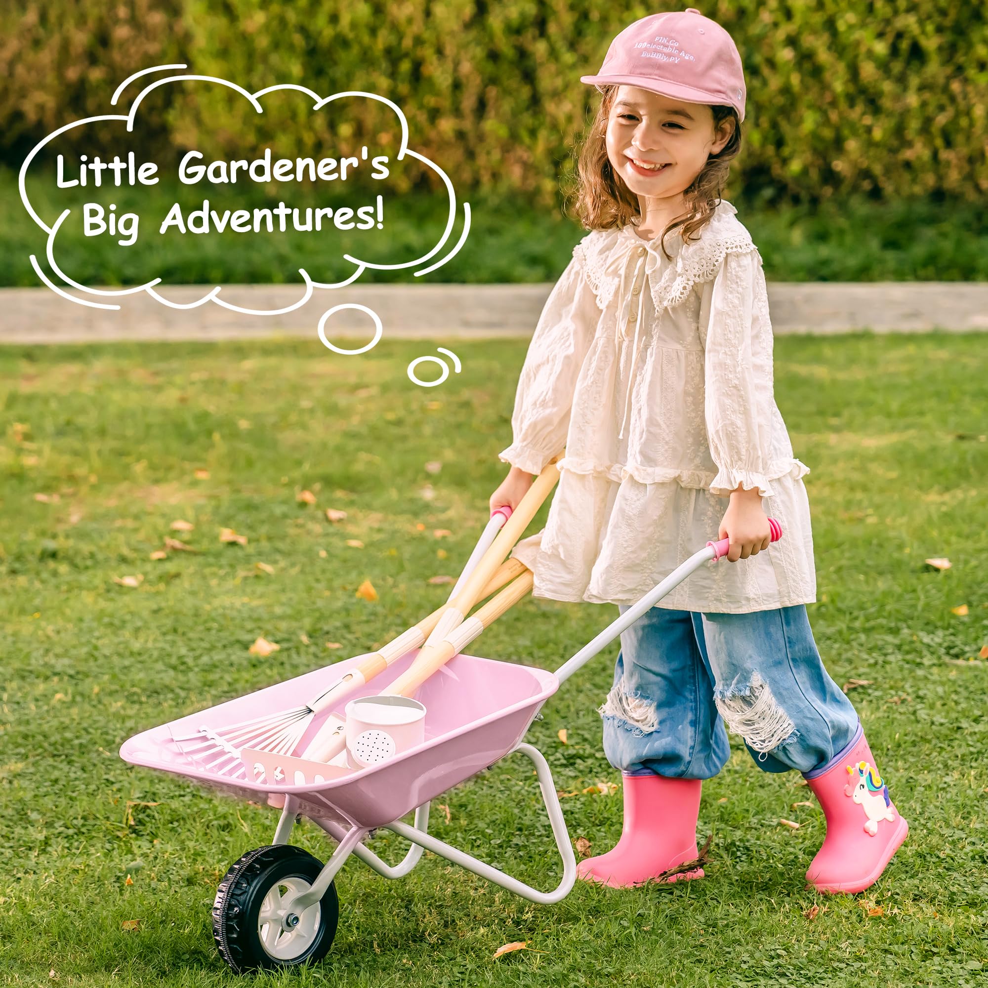 ROBUD Carriola per bambini in metallo con set di attrezzi da giardino, 6 pezzi: carriola per bambini con pala lunga, rastrello, scopa per foglie, annaffiatoio e etichette per piante, giocattolo da