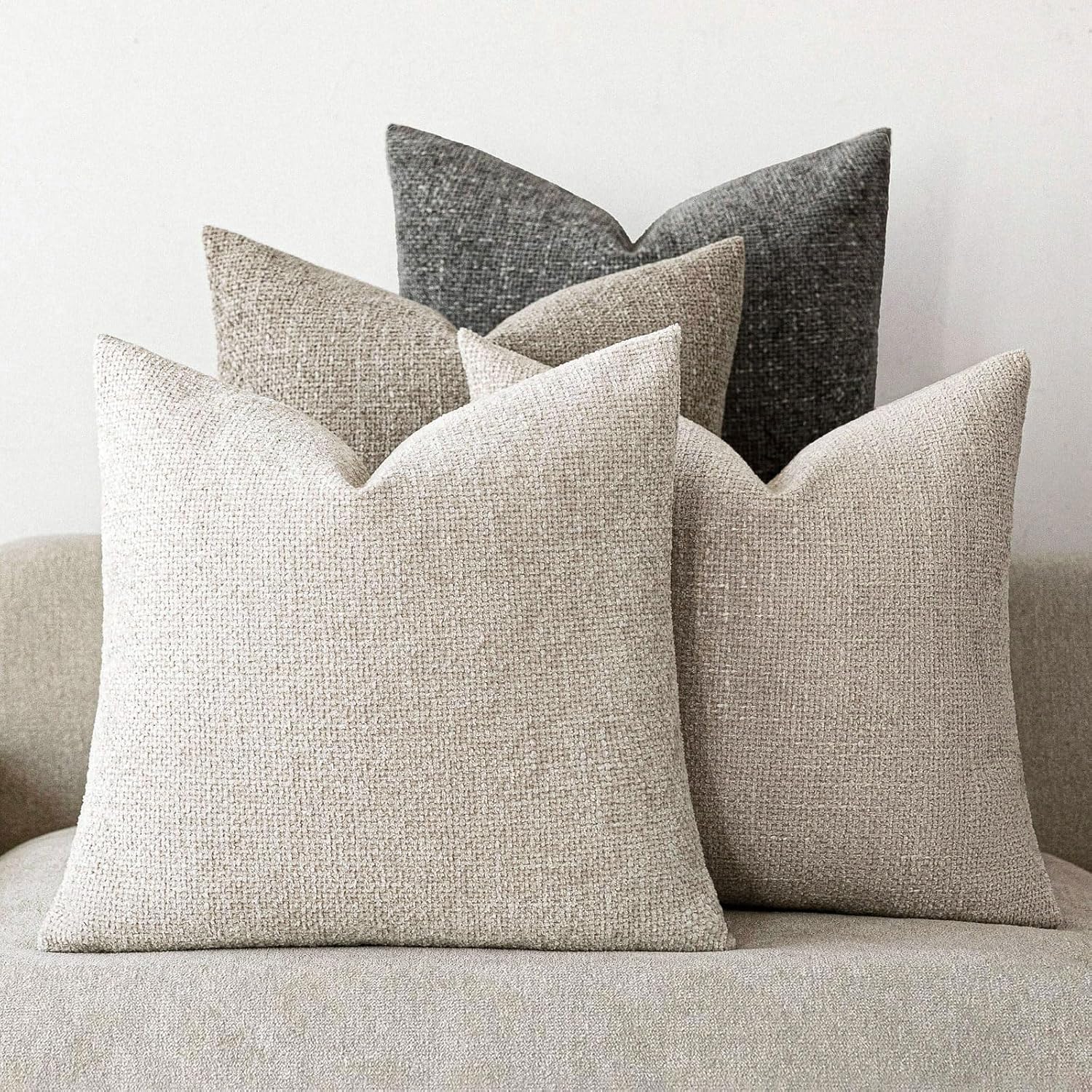 Neutral Throw Pillow Covers 18x18 Inch Set of 4, Beige Grey Series - Textured Chenille for Couch, Bed and Living Room Beige Grey Series 18" x 18" (Pack of 4)