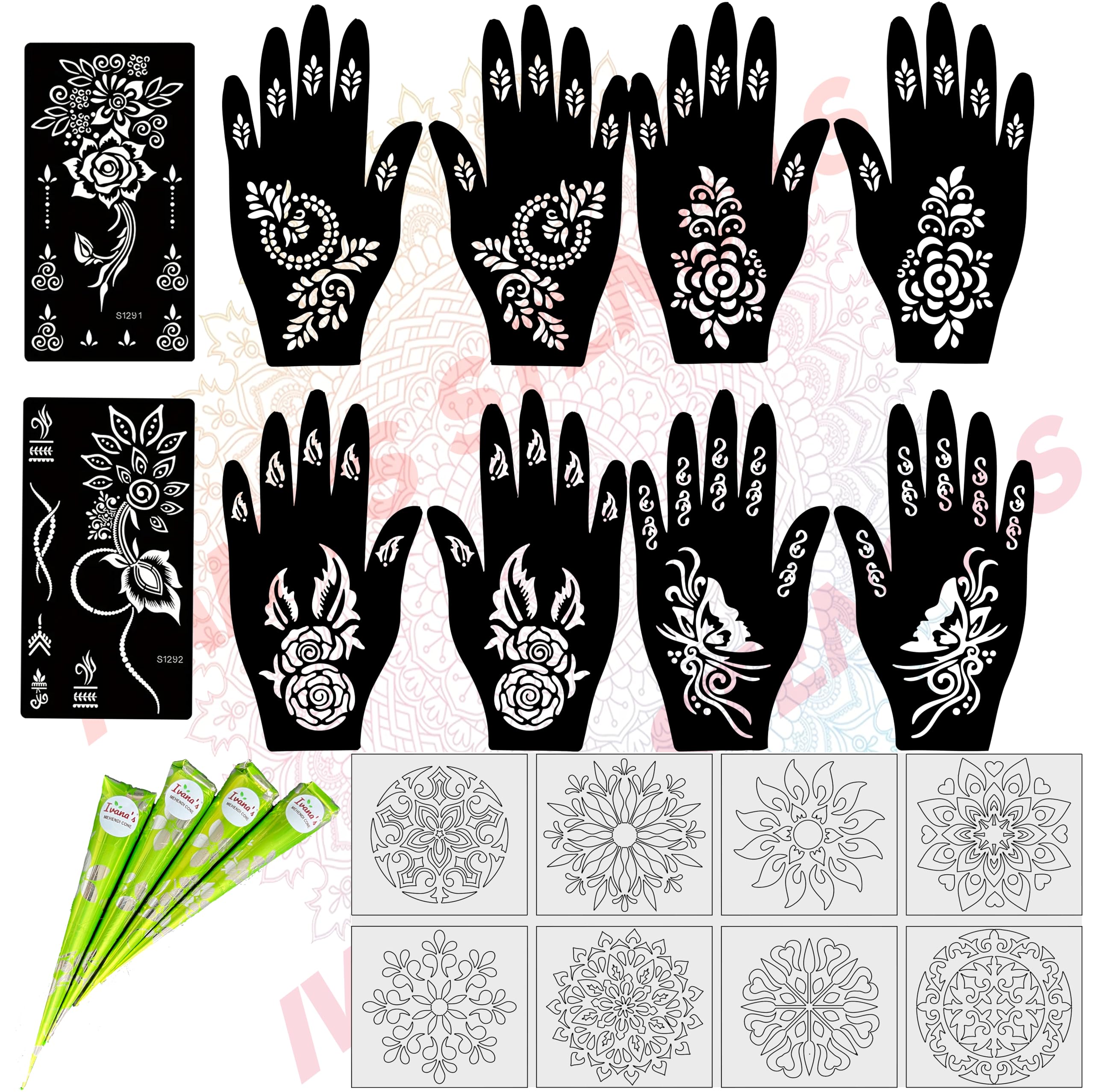 Ivana's Mehndi Tattoo Stencil Mehndi Design for Hands Set of 22 pc Combo Pack with Mehandi Cone 4 Pcs,8 Pcs Reusable Stencils for Women, Girls and Kids, Easy to Use in Just 4 Simple Steps- CPM-2031