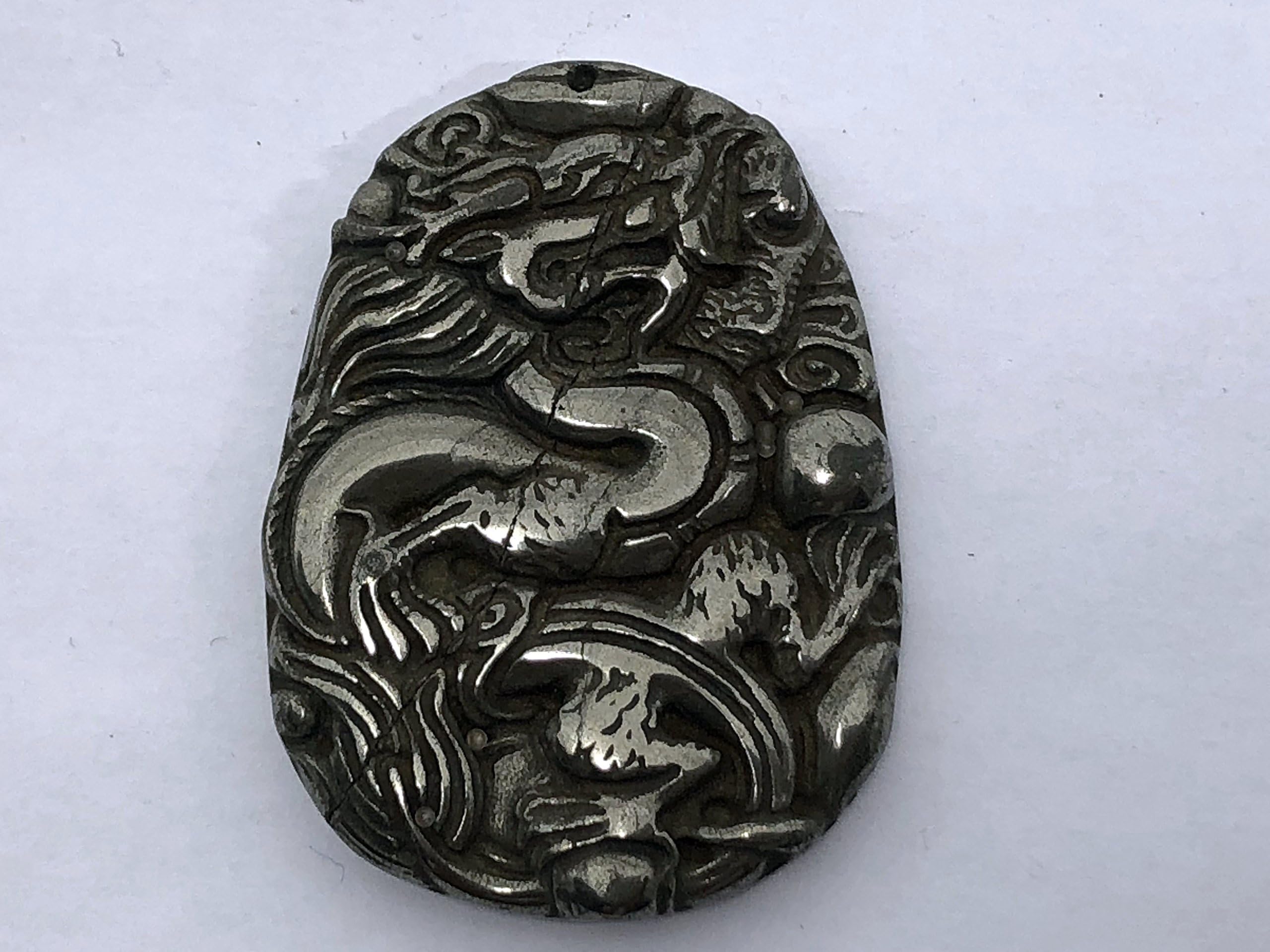 Exotic Natural Pyrite Carved Dragon Pendant 8x38x51mm Bead J1414