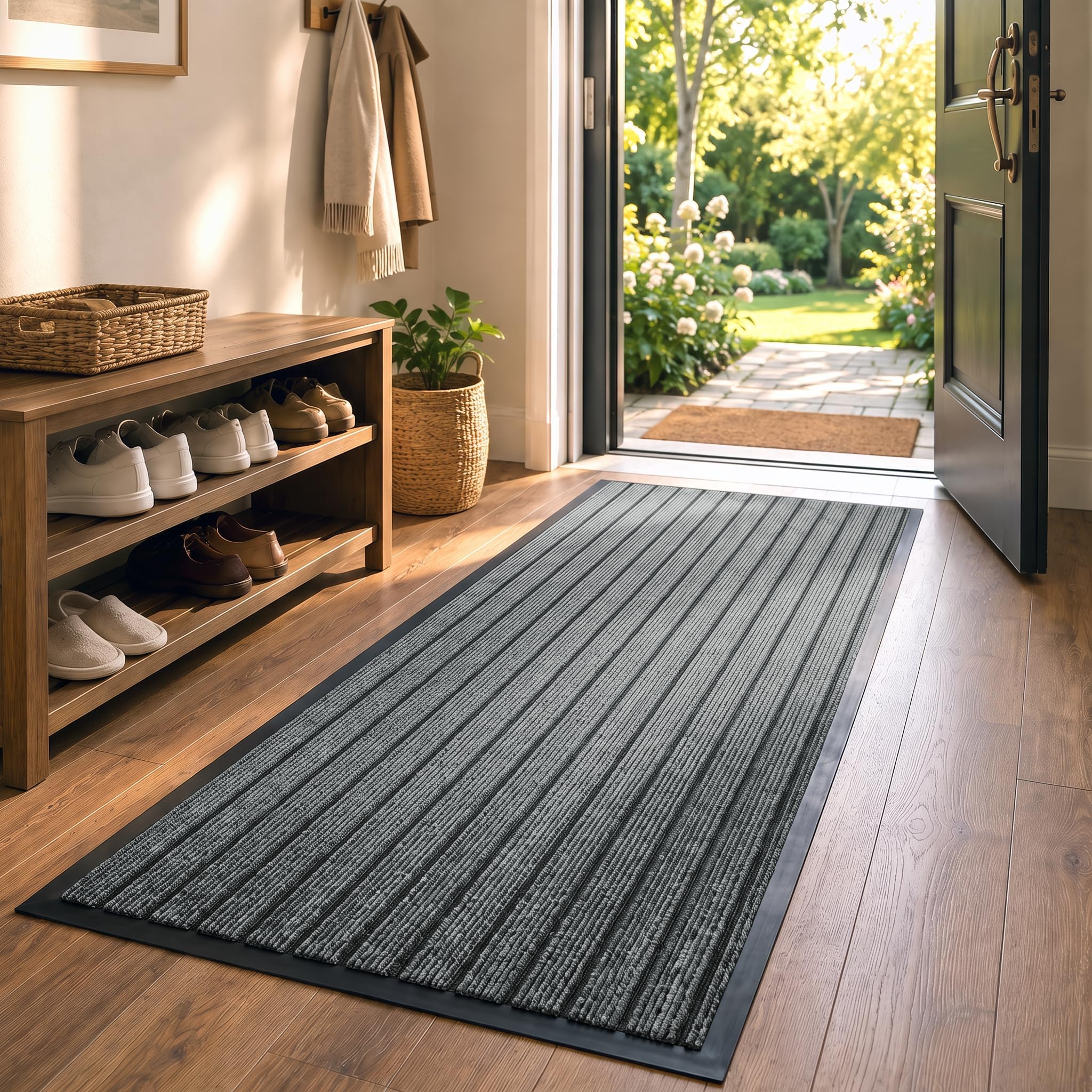 AMEHA Door Mat Indoor & Outdoor Heavy Duty Rubber Door Mats, Grey 80 x 150 cm Dirt Trapper Non Slip Washable Barrier Floor Mat Entrance Rug Shoes Scraper Super Absorbent Front Door Mat Carpet