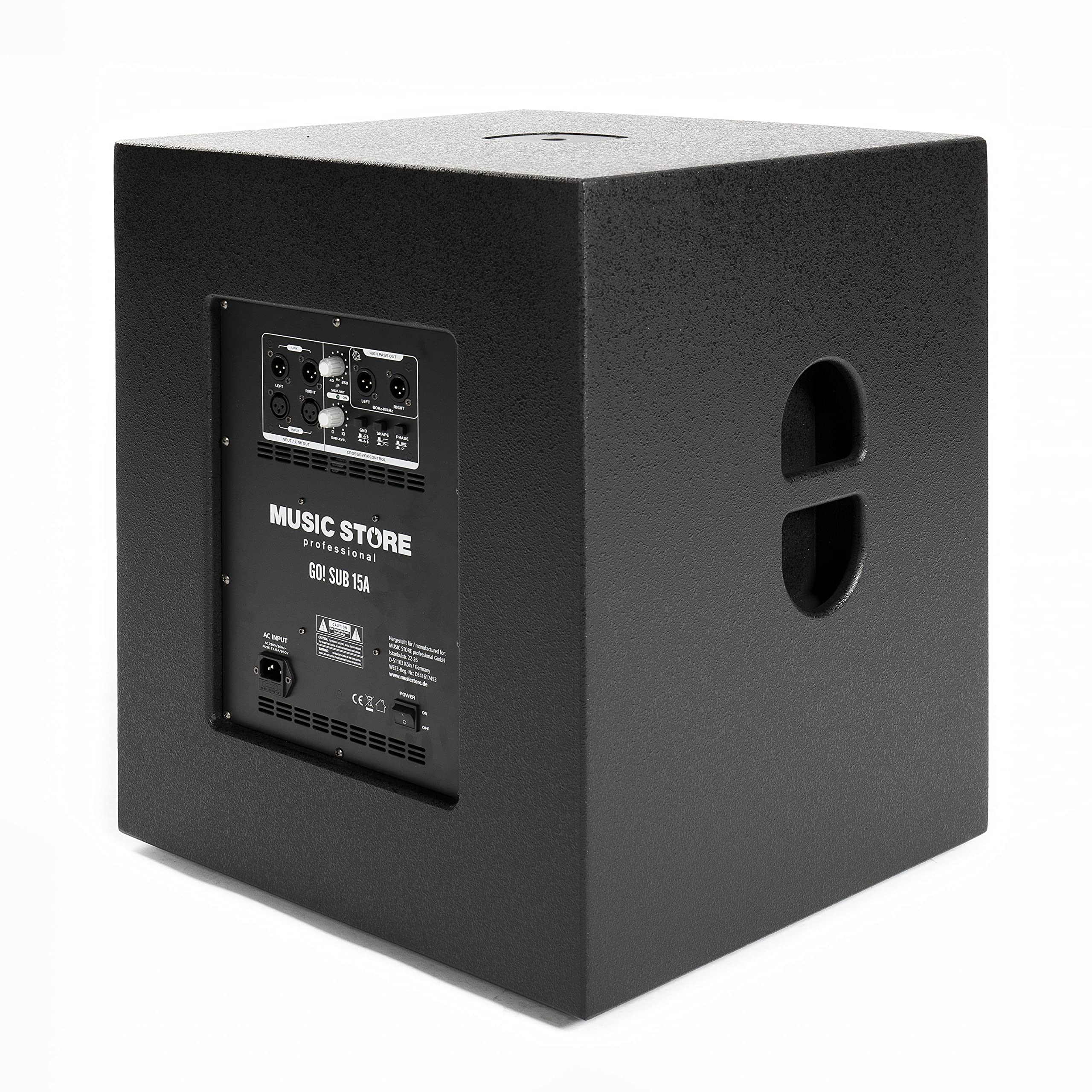 Music Store Go! Sub 15A Aktiver Subwoofer 15 Zoll, 1000 Watt Class D Endstufe, M20 Gewinde, XLR Eingang & Ausgang, 45-250Hz Frequenzgang, Holzgehäuse - Perfekt für Veranstaltungen und Konzerte