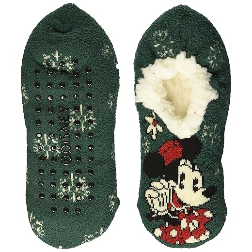Disney Women's Minnie Mouse Holiday Teddy Fur Slipper Socks, Green Multi, 9-11