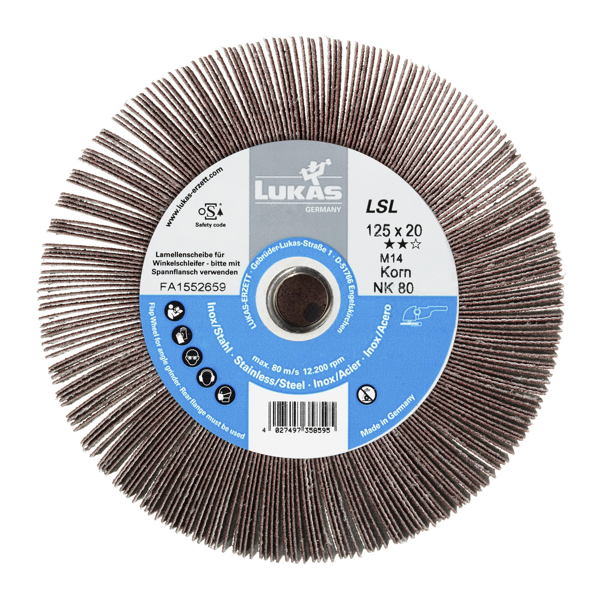 LUKAS-ERZETT - 5 dischi abrasivi lamellari LSL universali, 125 x 20 mm, con filettatura interna M14, corindone, grana 60-13 x 12,5 x 14 cm