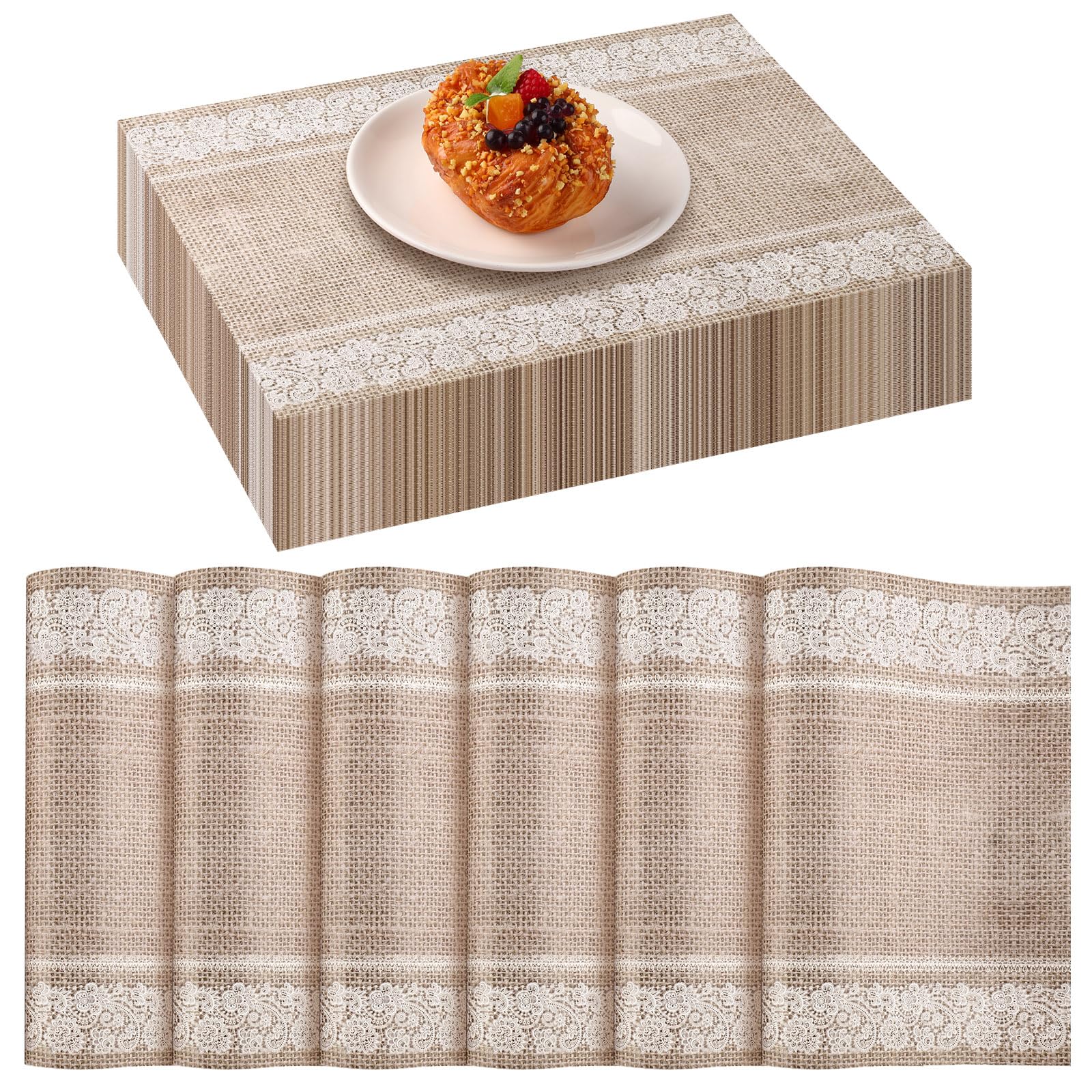 Lallisa Platzsets aus bedrucktem Jute, 35,6 x 25,4 cm, Spitze, Einweg-Esstisch, rechteckig, braun, Küchentischmatte, Vintage-Tischset für Weihnachten, Erntedankfest, Hochzeit, Party, 100 Stück