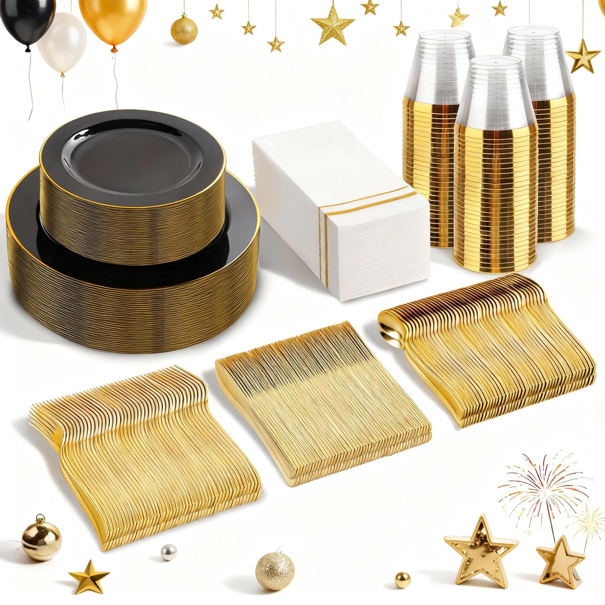 SUT 350-Piece Black and Gold Disposable Plates - Elegant Plastic Dinnerware for 50 Guests, Includes Cups & Napkins | Durable Leak-Proof Design for