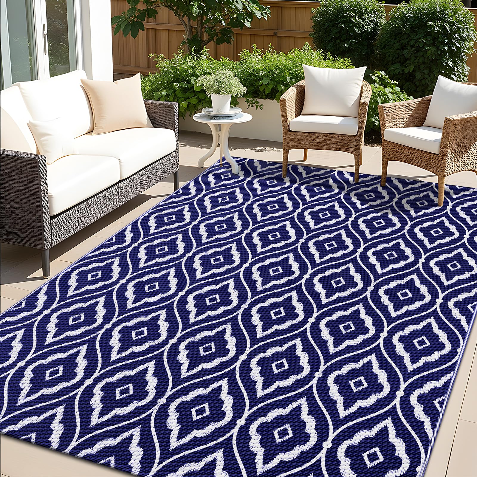 OLANLY Outdoor Rug 6x9 ft Waterproof, Outdoor Plastic Straw Rug with Geometric Pattern Clearance, Reversible RV Mat for Patio, Camping, Balcony, Deck,