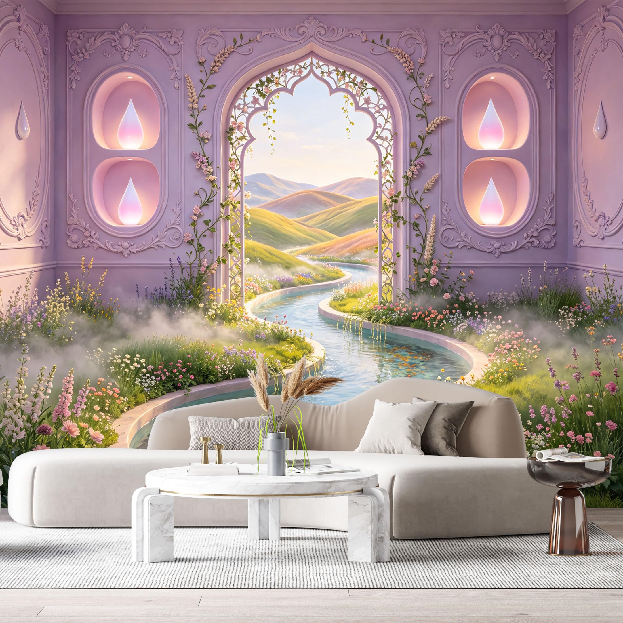 Custom Size Wall Murals Dreamlike Landscape Lavender Garden 3D Trompe L'Oeil SelfAdhesiveWall Fabric Removable Wallpaper Wall Decor for Living Room Bedroom Bathroom