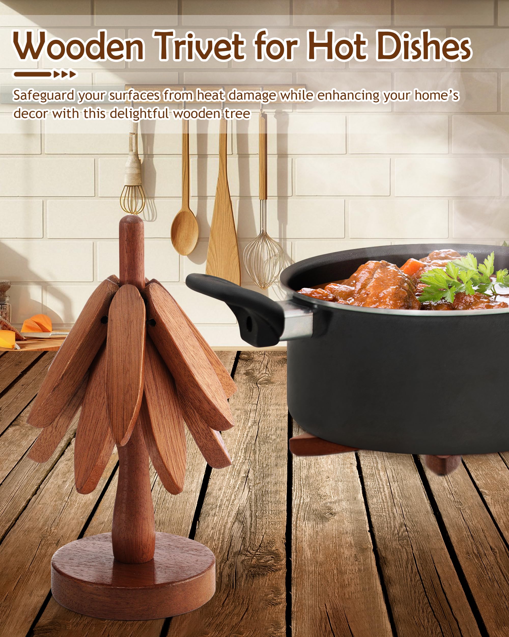 Fonyick Wooden Tree Trivet, Wood Tree Coasters 2 Units, Wooden Trivets for Hot Dishes, Kitchen Hot Pads for Hot Pots and Pans, Sapele