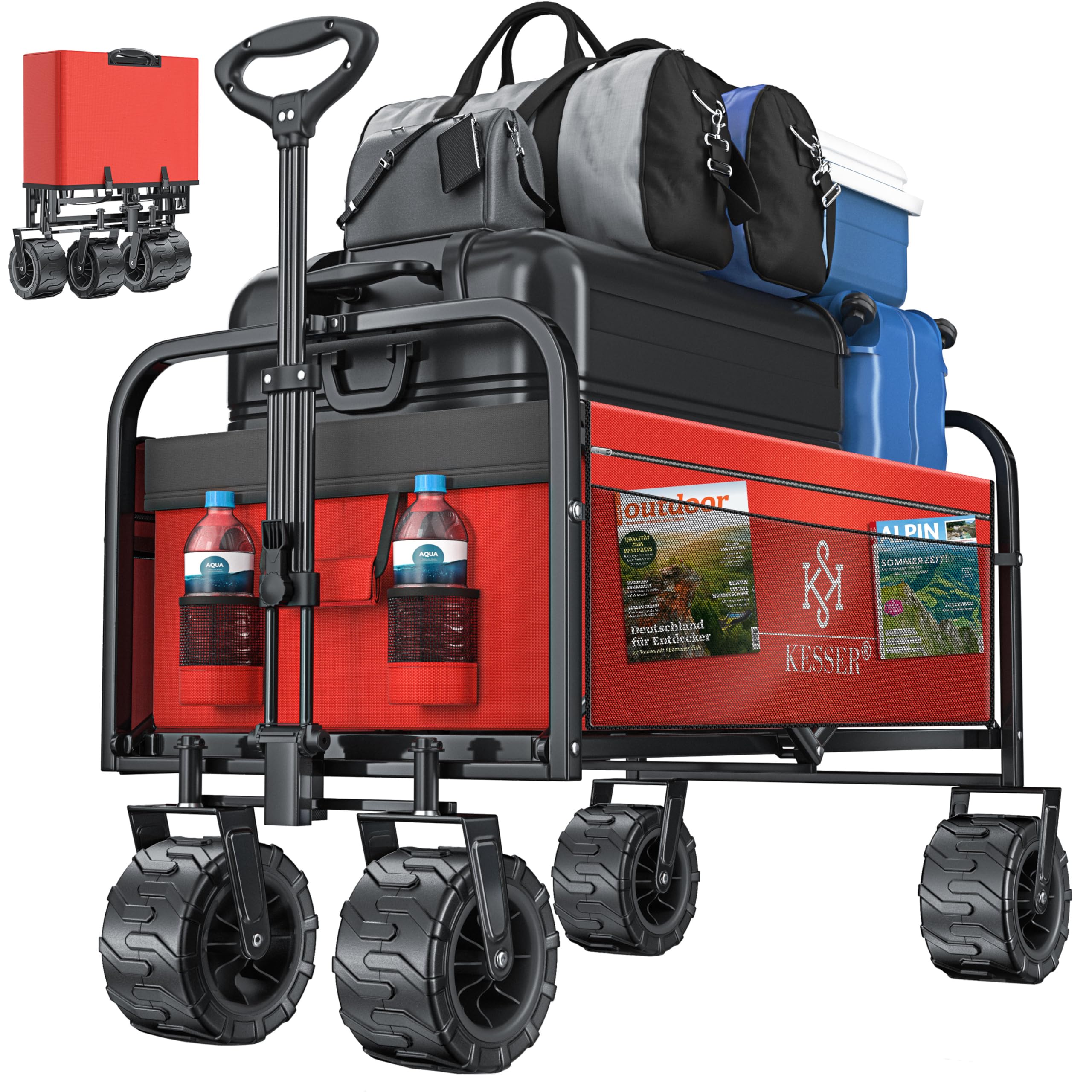 KESSER Carrello pieghevole fino a 150 kg, portata massima con pneumatici in gomma piena, carrello per il trasporto con 2 tasche a rete e tasca laterale, carrello da giardino pieghevole