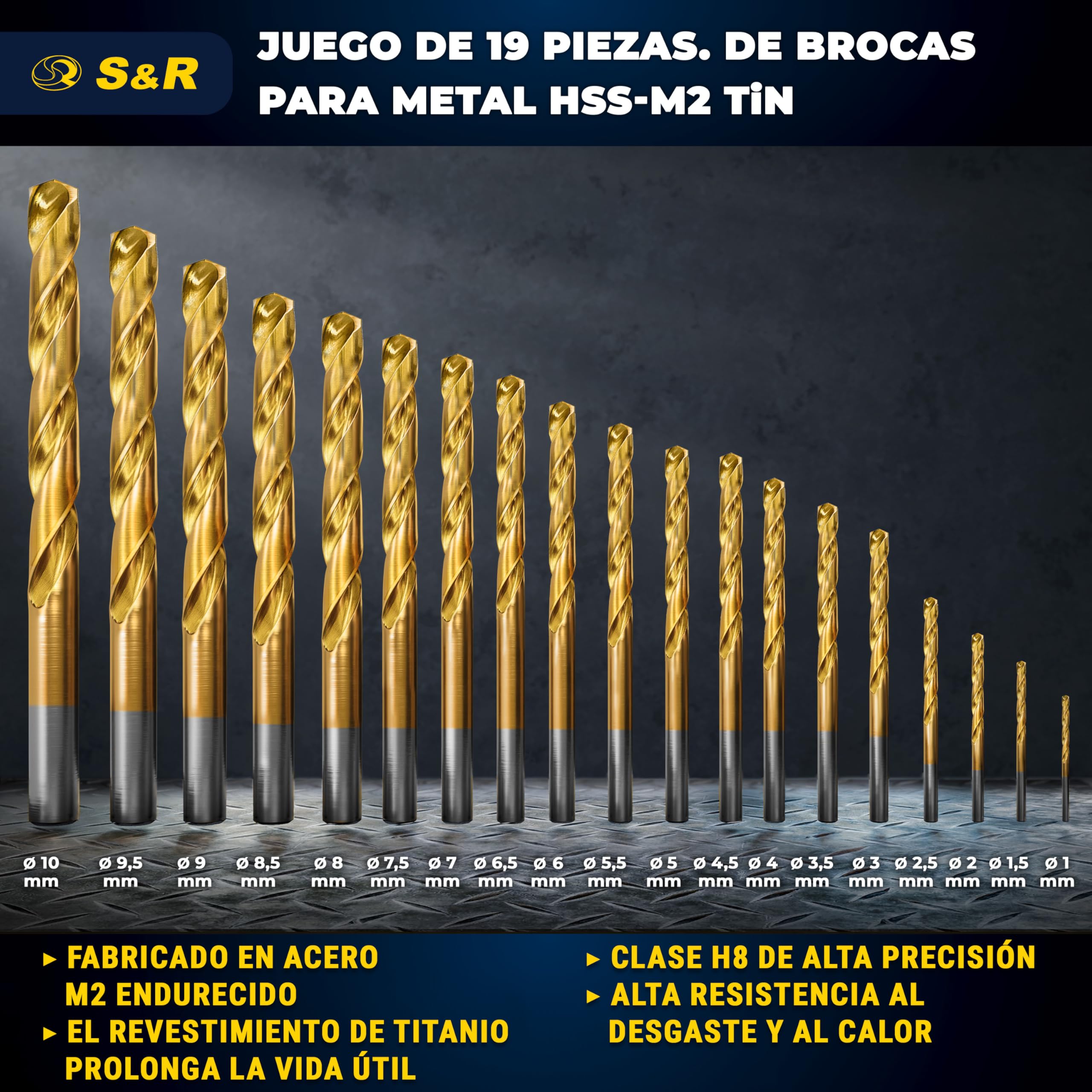S&R Juego de Brocas HSS Titanio Metal (1-10 mm) 135 ° serie TM DIN 338. Set de 19 Brocas Profesionales en Caja de Metal.