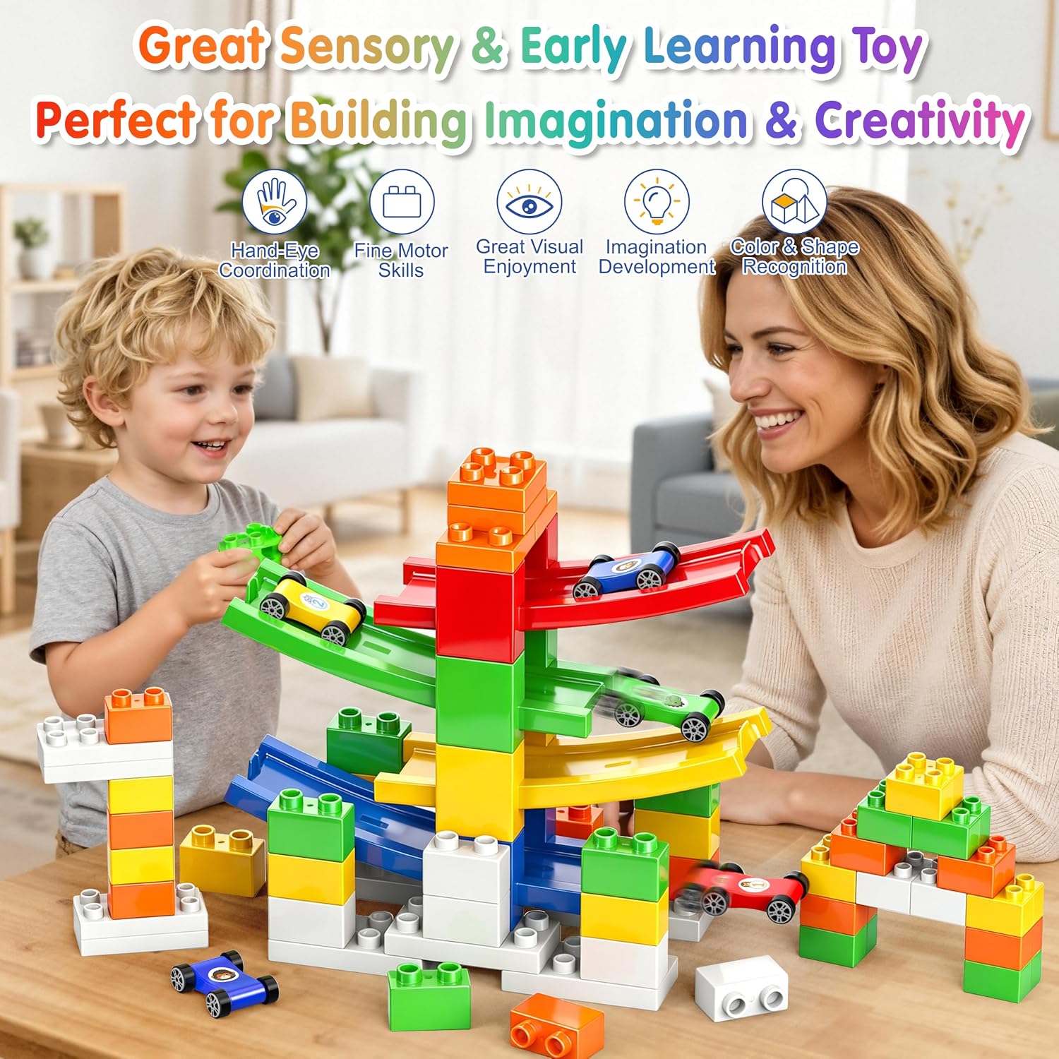 DIY Building Blocks Car Ramp Race Track Toy for Boys Ages 3+, STEM Gift