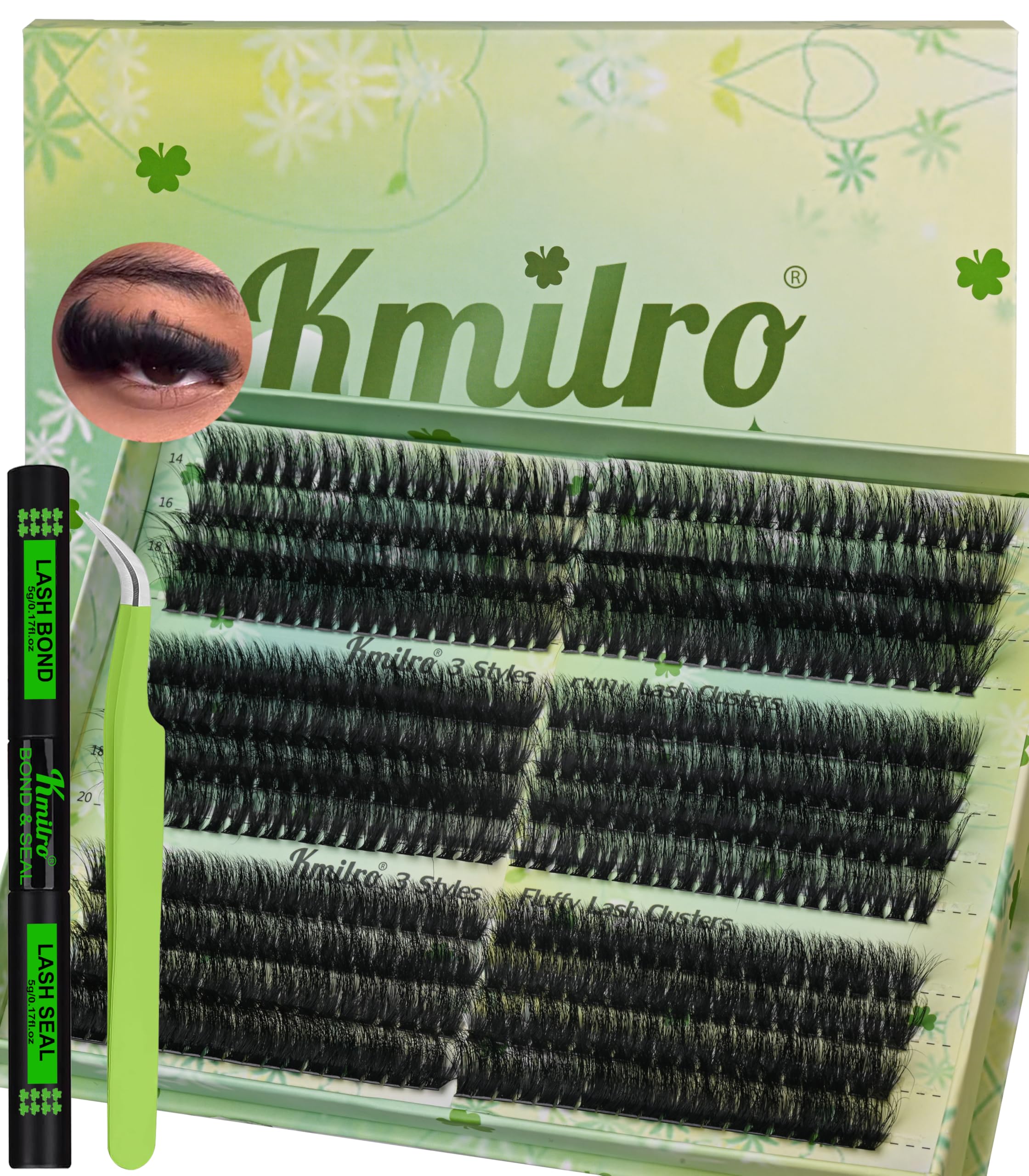 Kmilro Lash Clusters Kit 14-20mm Volume Cluster Eyelash Extensions Thick Eyelash Clusters 480pcs Waterproof Wispy Individual Lashes Kit with Bond and