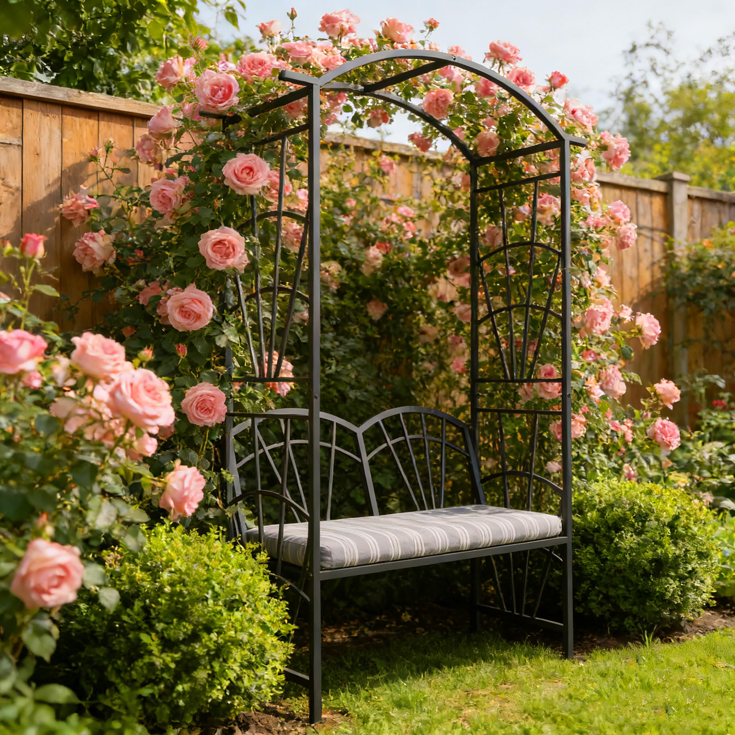 Relaxdays Rosenbogen, Metall, HBT: 210 x 134 x 48 cm, Torbogen mit Bank, Stabiler Rankbogen für Kletterpflanzen, schwarz