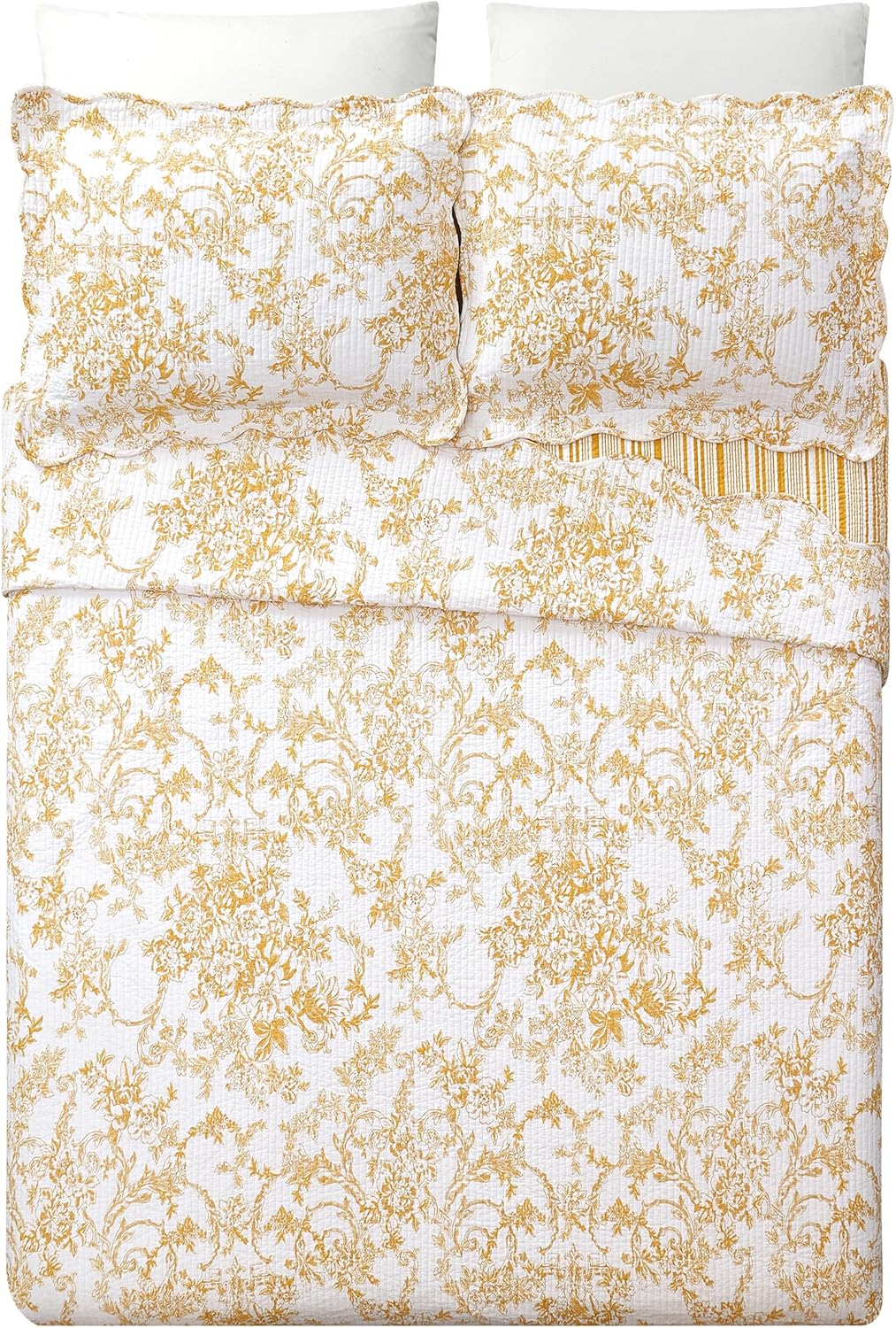 Modern Heirloom Garden Toile 3-Piece Reversible Quilt Set - Lightweight Coverlet Set, Floral Vintage Quilted Bedding Set with 2 Shams, All Seasons, King Size, Yellow Gold | Breathable Material, Reversible, Lightweight