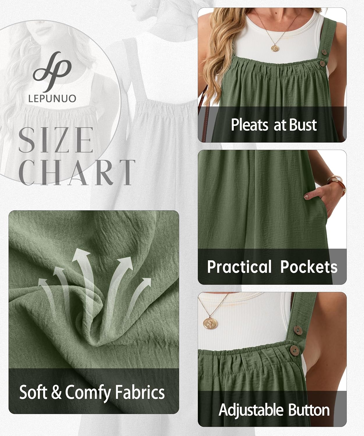 Lepunuo Womens Casual Jumpsuits Summer Boho Wide Leg Rompers Sleeveless Overalls Pleated Jumpers with Pockets - Image 2