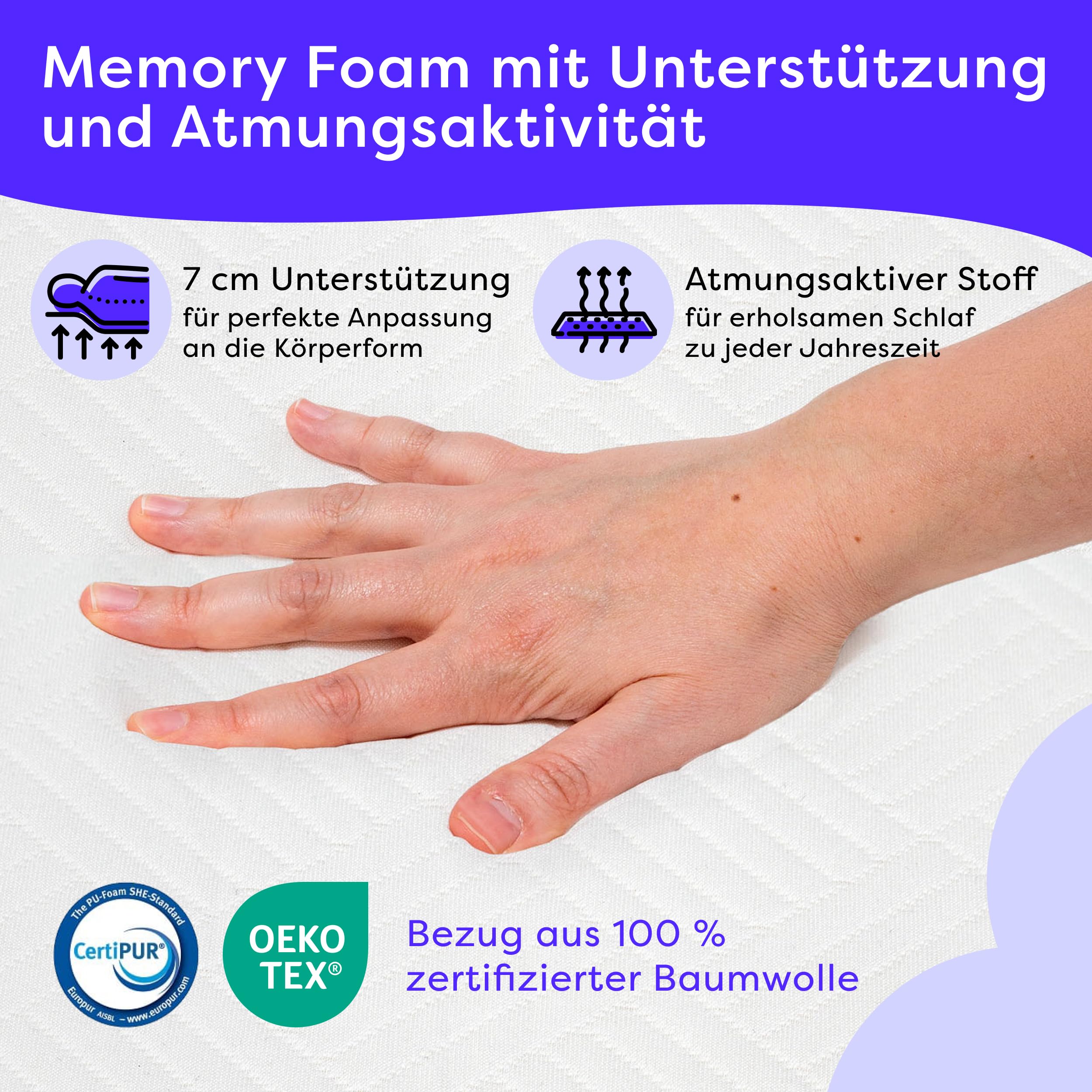 Wolkenfeld Matratzentopper 90x200cm | 7cm Höhe | Memory Foam | Ergonomischer Matratzen Topper 90x200 | OEKO-TEX Zertifikat | Weich, Atmungsaktiv, Abnehmbar & Waschbar – Entlastung für Rücken & Gelenke
