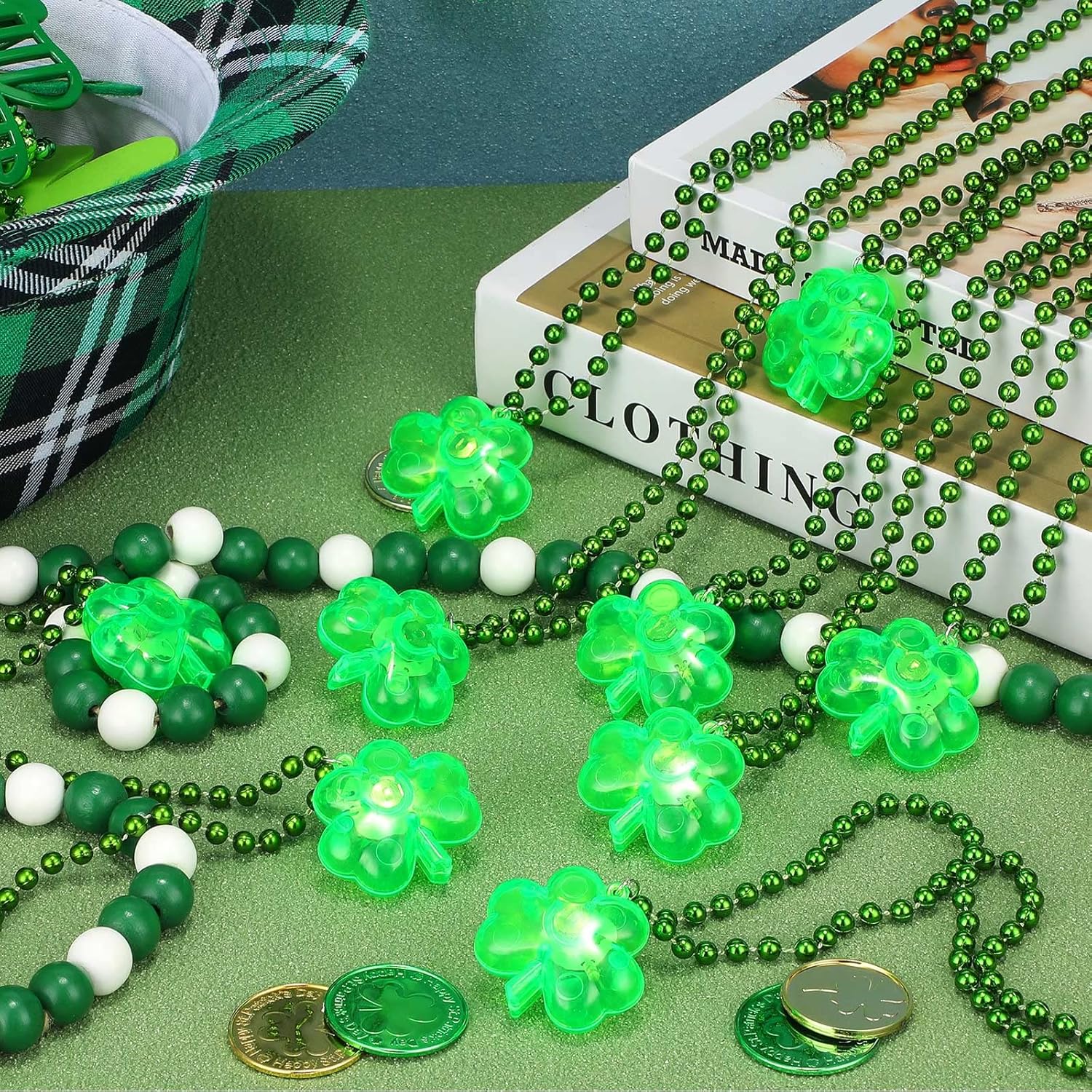 MTLEE St. Patrick's Day Accessories Green Light up Shamrocks Necklaces St Patrick Day Beads Led Green Shamrock Necklace Irish Metallic for Irish St. Patrick Party Dressing up Costume Supplies - Image 7