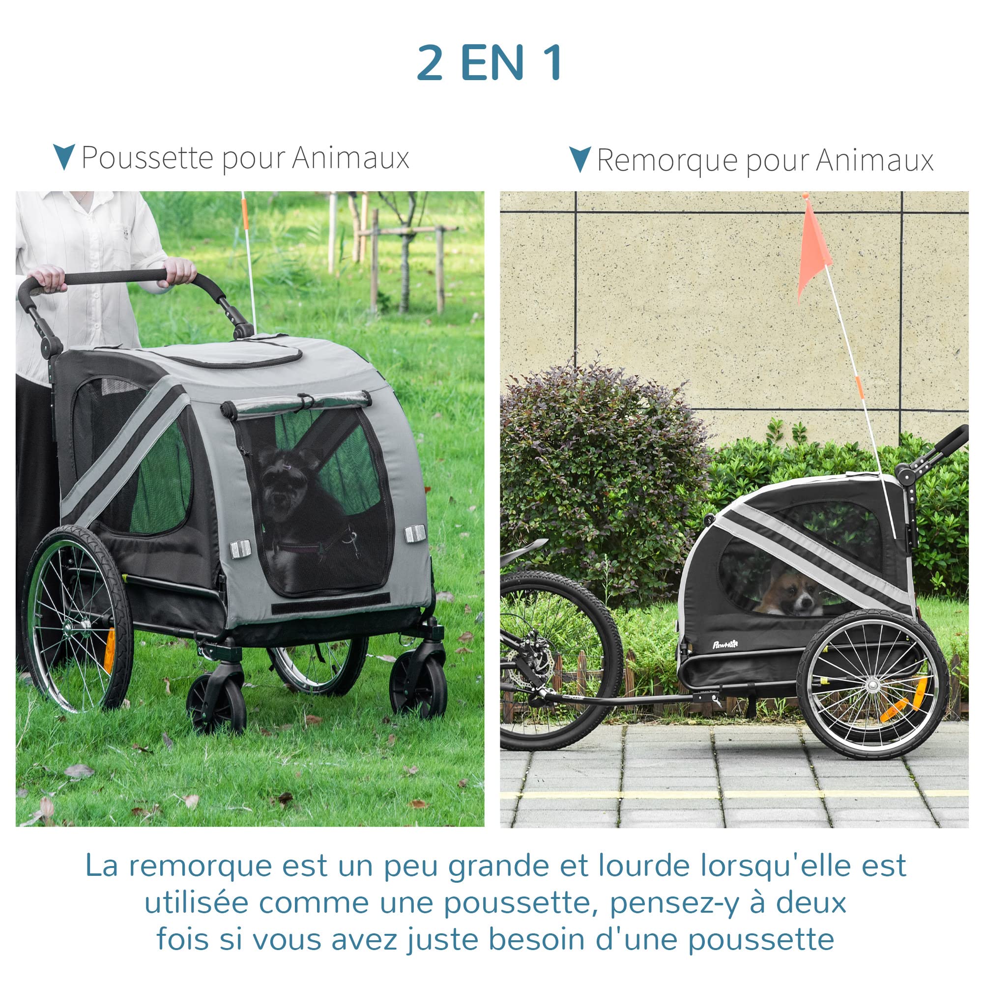 PawHut Remorque à vélo pour Chien Convertible Jogger 2 en 1 pour Animaux avec Drapeau réflecteurs