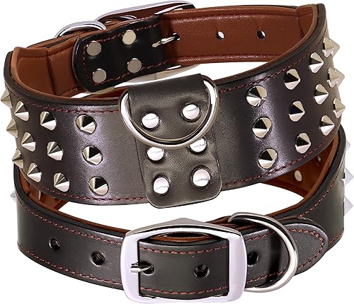 Miniatura 2 de PET ARTIST Collar de perro de cuero genuino con tachuelas de 2 pulgadas de ancho para perros medianos y grandes, collares únicos resistentes para