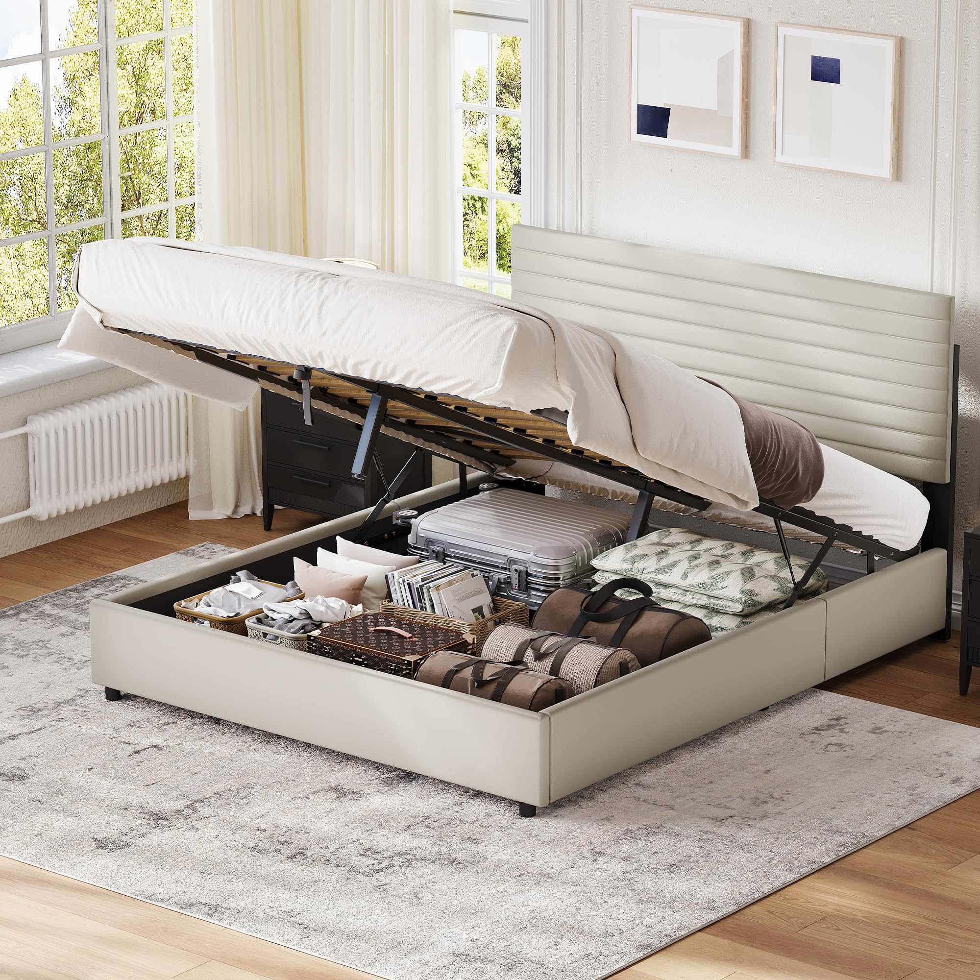 Besbed Upholstered Double Bed Frame with Storage, Ottoman Bed with Hydraulic, 4FT6 PU, Double Bed Frame for Adults and Teenagers, 135x190cm,(No Mattress)