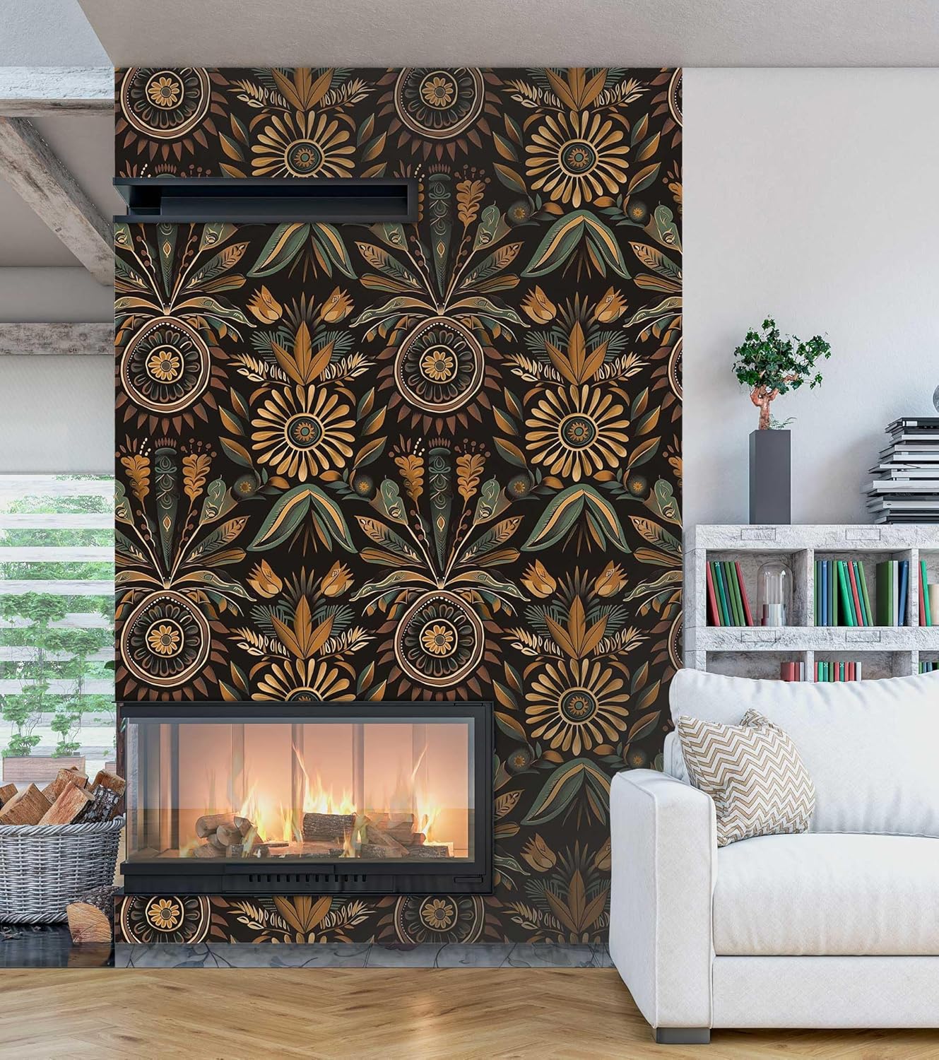 Boho Floral Peel and Stick Wallpaper, Indian Wallpaper, Self Adhesive Vinyl Geometric Wall Paper for DIY Home Decor, 17.7in x 236in