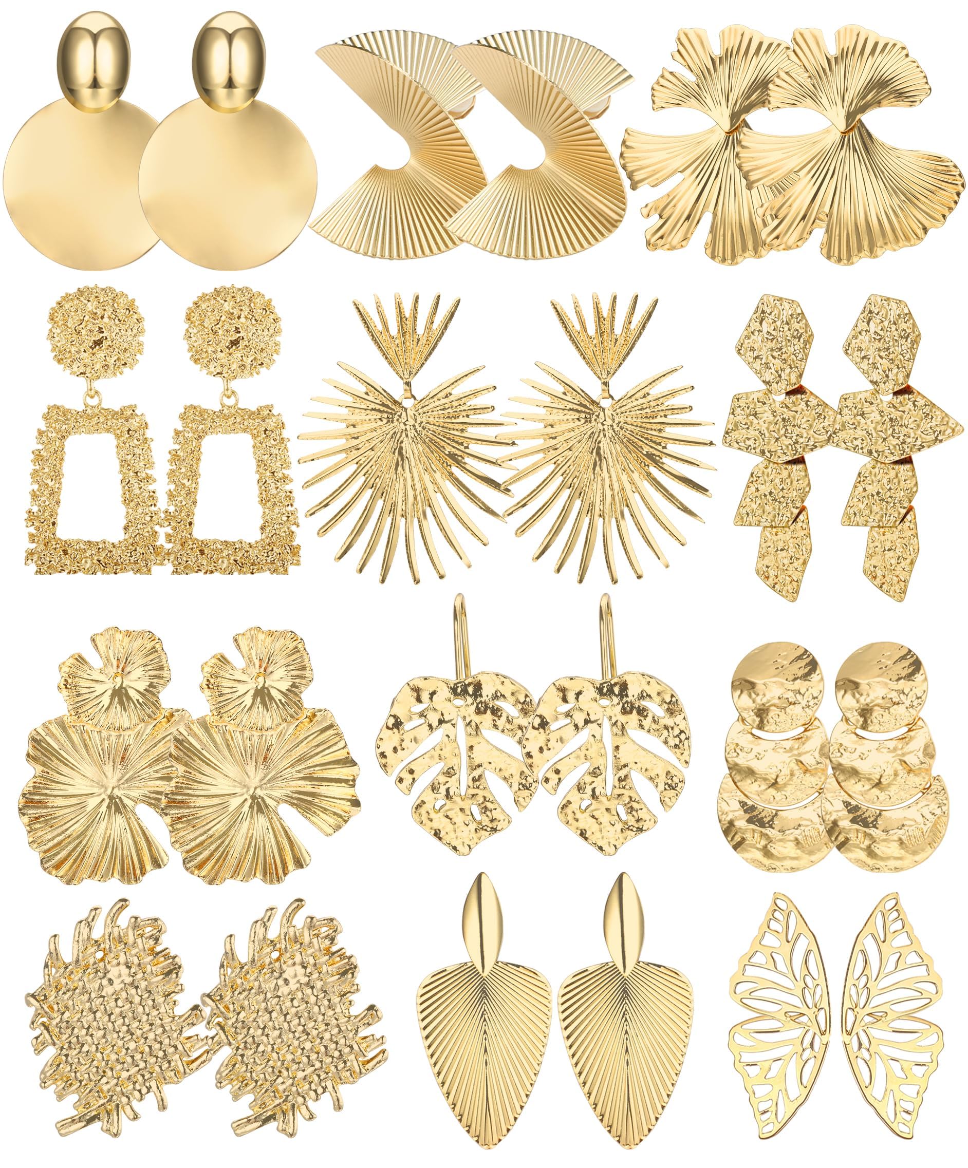 Morfetto12 Pares de Pendientes Geométricos Dorados Pendientes Llamativos Exagerados para Mujer Pendientes Colgantes Grandes Boho Pendientes Geométricos Trenzados Sectorizados de Hojas de Moda