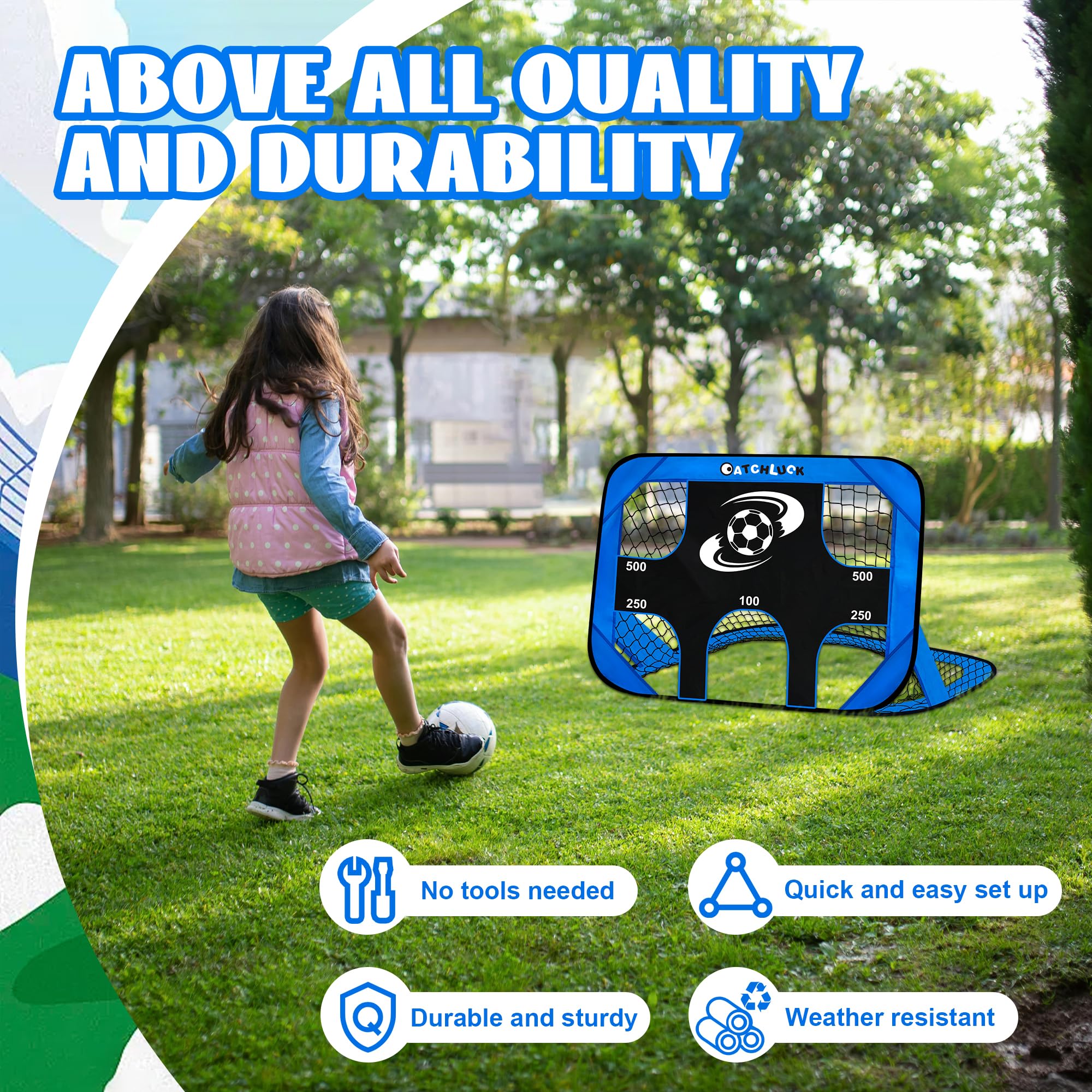 CATCHLUCK Porta da calcio per bambini, reti da calcio per giardino, 4 in 1, bersaglio per bambini, blu
