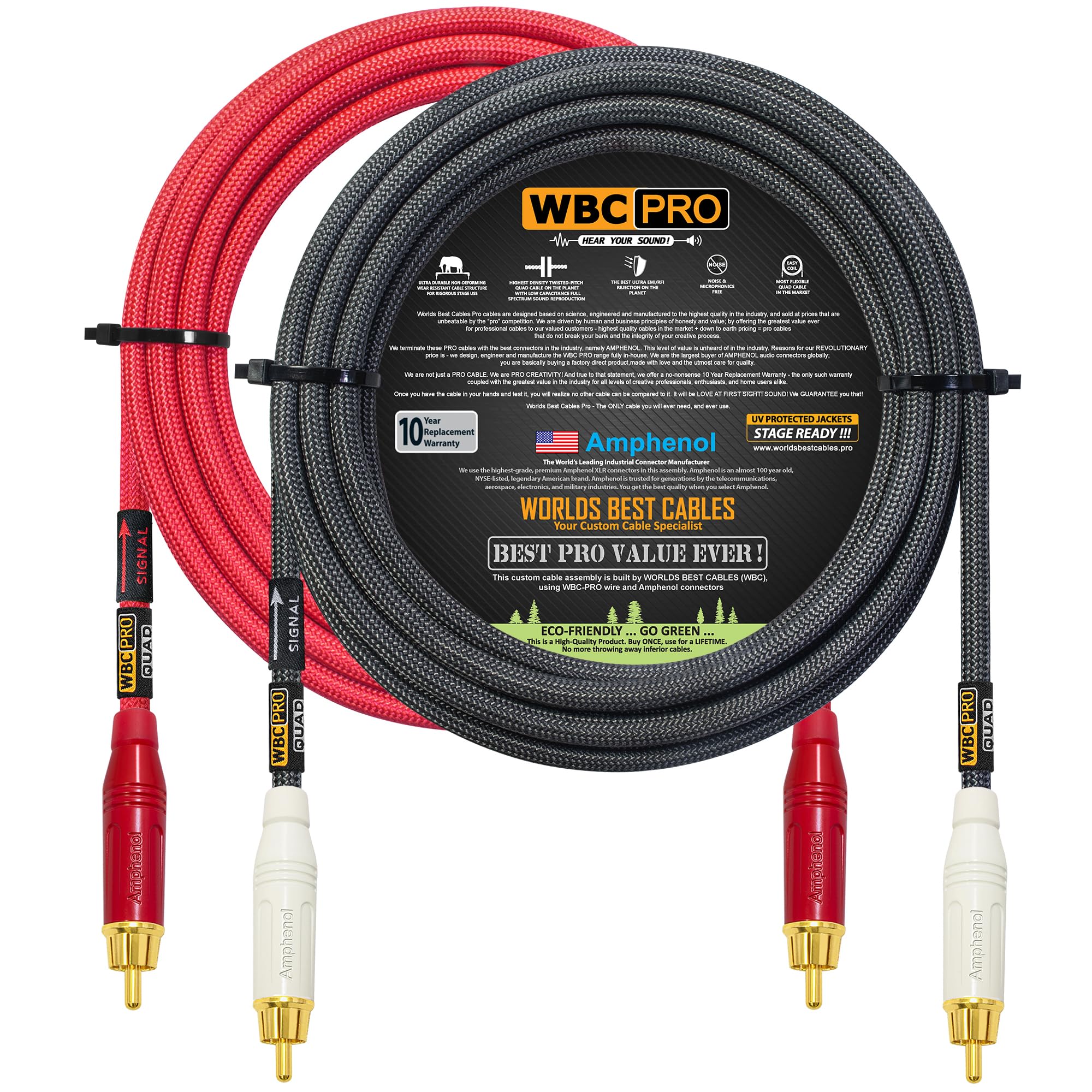 WBC-PRO-QUAD - Par de cables RCA de 5 metros, ultra silenciosos, ultraflexibles, audiófilos Star-Quad y cable de interconexión de audio de grado profesional con conectores RCA dorados Amphenol ACPR