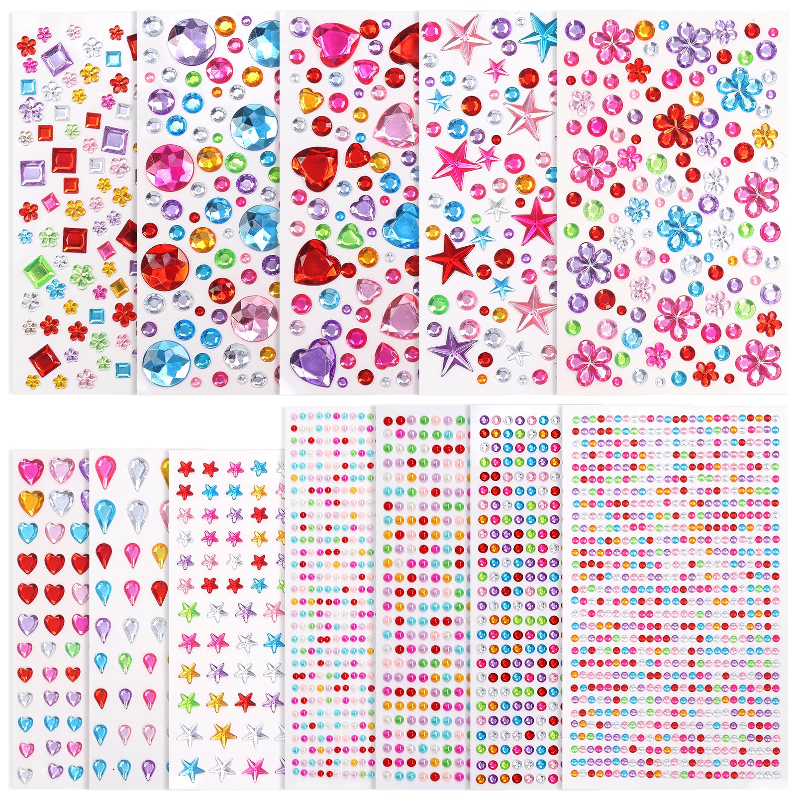 Vpqnee 12 Sheets Self-Adhesive Gem Stickers Jewels for Arts and Craft Projects, Scrapbook Rhinestone Stickers with Variety of Shapes and Sizes on Bags, Cards, Papers, Face