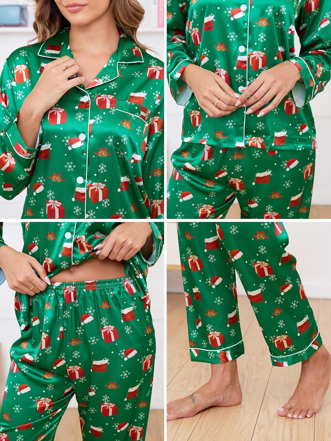 Silk Pajamas for Women Set Long Sleeve Satin Pj Set Soft Christmas Sleepwear Classic Button Down Xmas Loungewear - Image 7