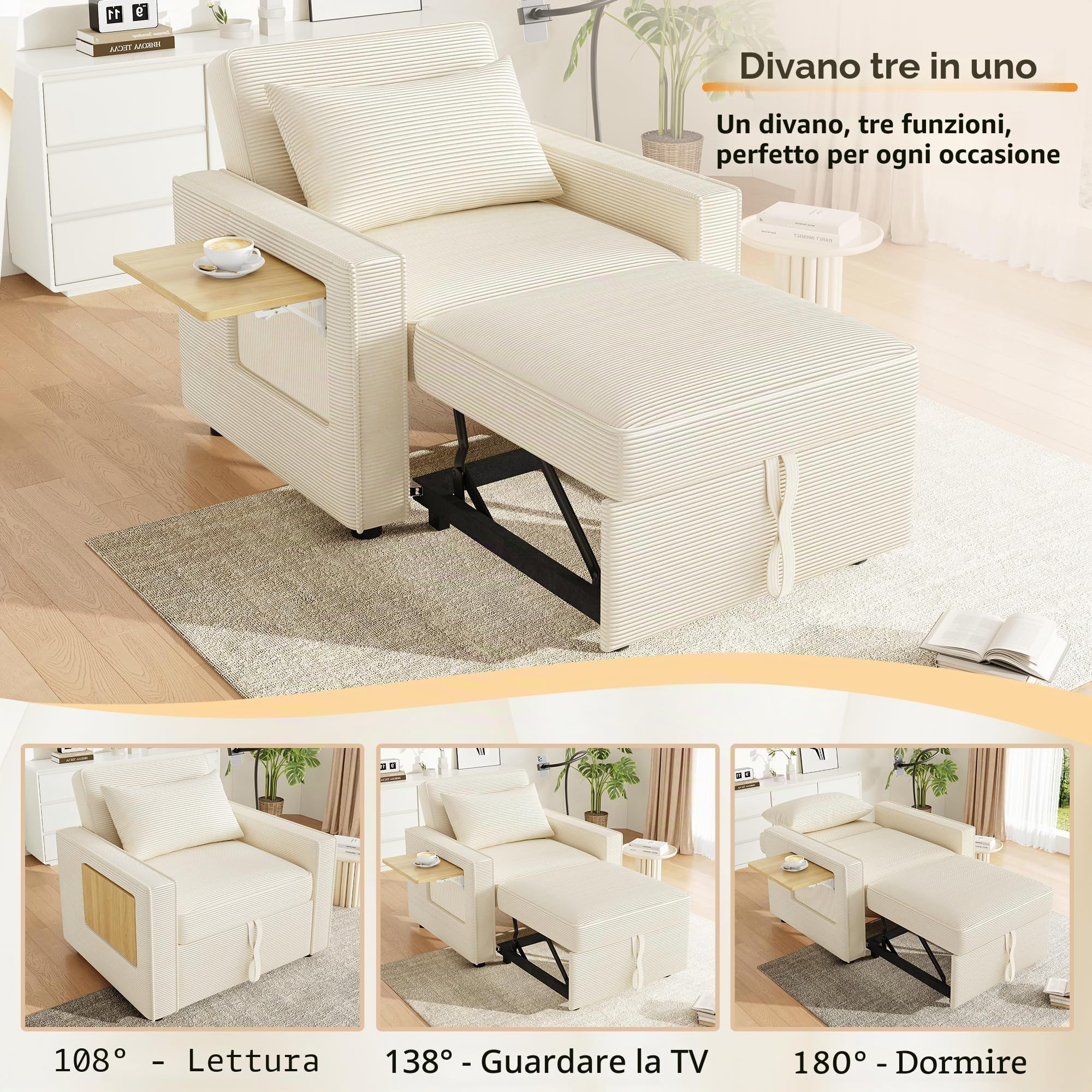 Idemon Divano letto pieghevole multifunzione con porta di ricarica USB e supporto per cellulare, poltrona relax a 1 posto, trasformabile, salvaspazio per soggiorno e camera da letto, tessuto in