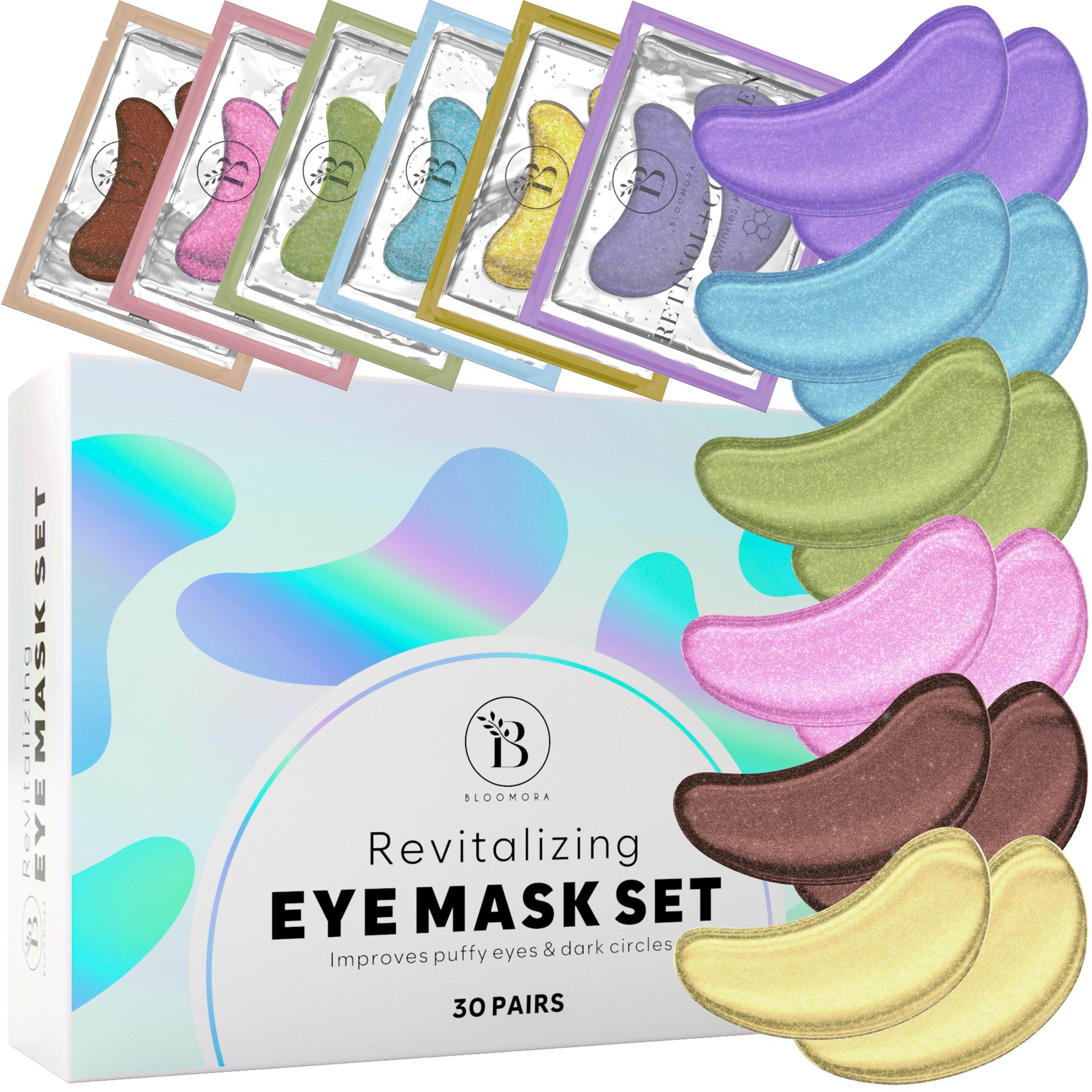 BLOOMORA Patch Occhi (30 paia, mix varietà) - Maschera Occhi con Niacinamide e Acido ialuronico - Eye Patch - Maschera Occhiaie - Patch Occhiaie e Borse - Maschera Contorno Occhi