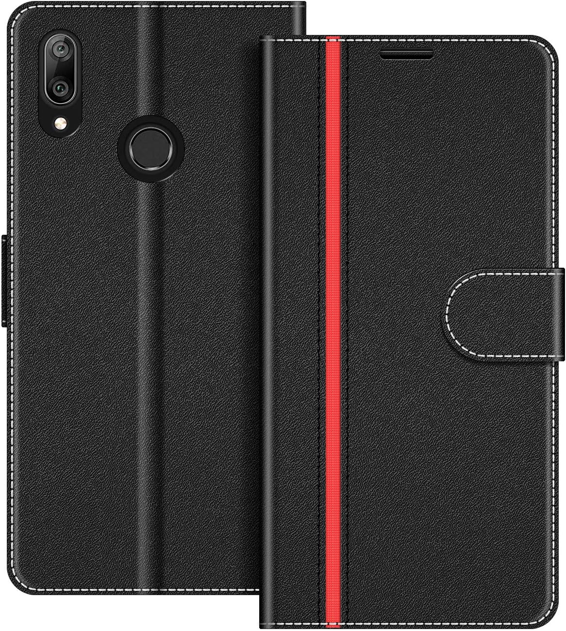 COODIO Phone Case For Huawei Y7 2019, Magnetic Flip Leather Case For Huawei Y7 2019 Wallet Case, Black/Red