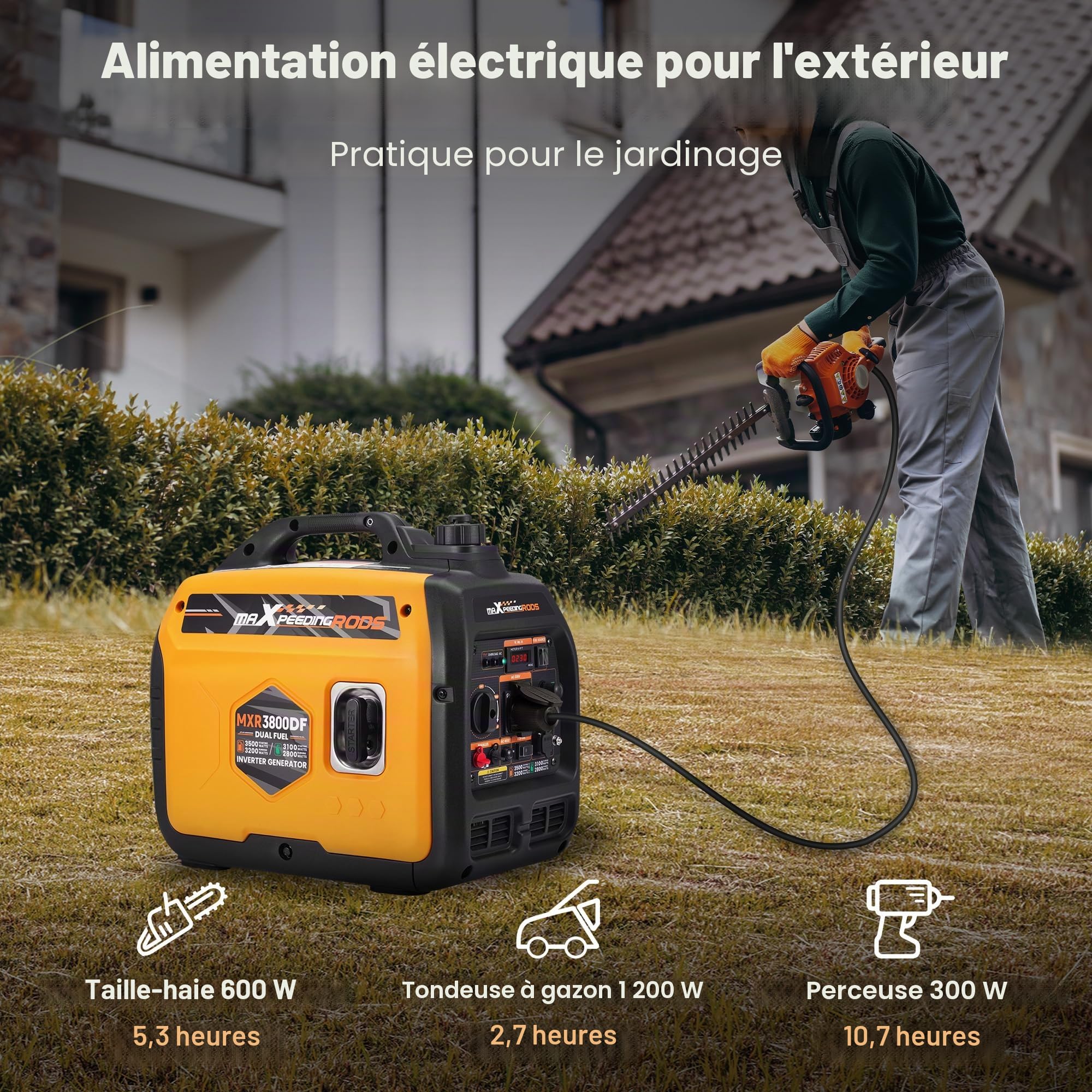 maXpeedingrods Générateur de courant 3500 W LPG/essence Inverter Gaz silencieux Dual Fuel avec prise 230 V/16 A ; 2 ports USB pour camping, garage, voyage, extérieur