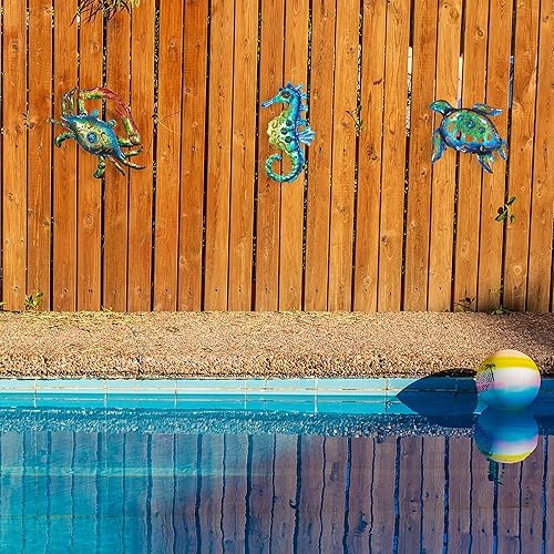 Miniatura 9 de Weibefee Decoración de pared de metal con temática de playa de caballito de mar de tortugas marinas y cangrejo de mar, decoración de pared temática