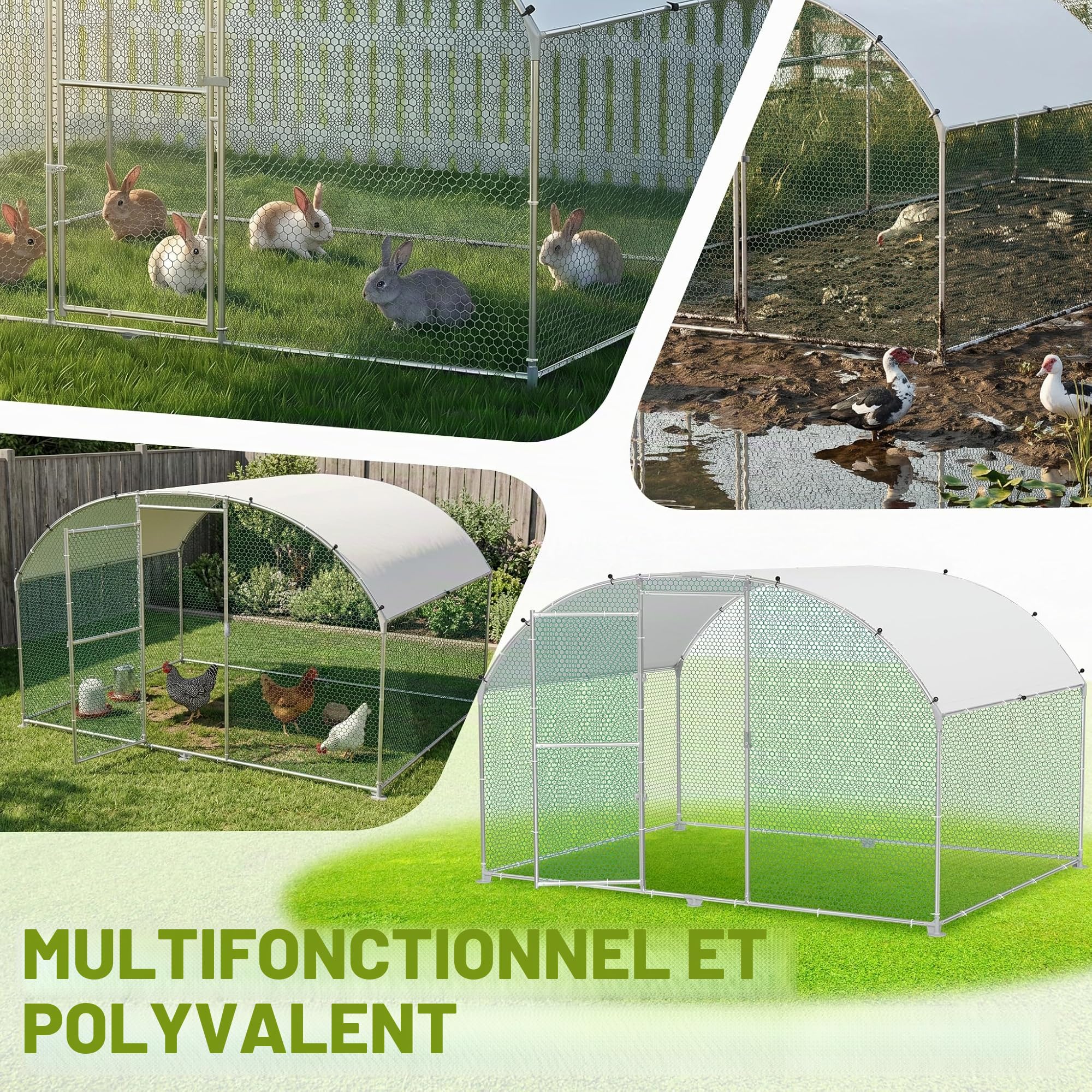 LZQ Cage pour poules à roue libre 3 x 2 m en métal galvanisé pour animaux domestiques, poulailler, poulailler, poulailler, poulailler, avec protection solaire, toit et porte, pour poules, lapins